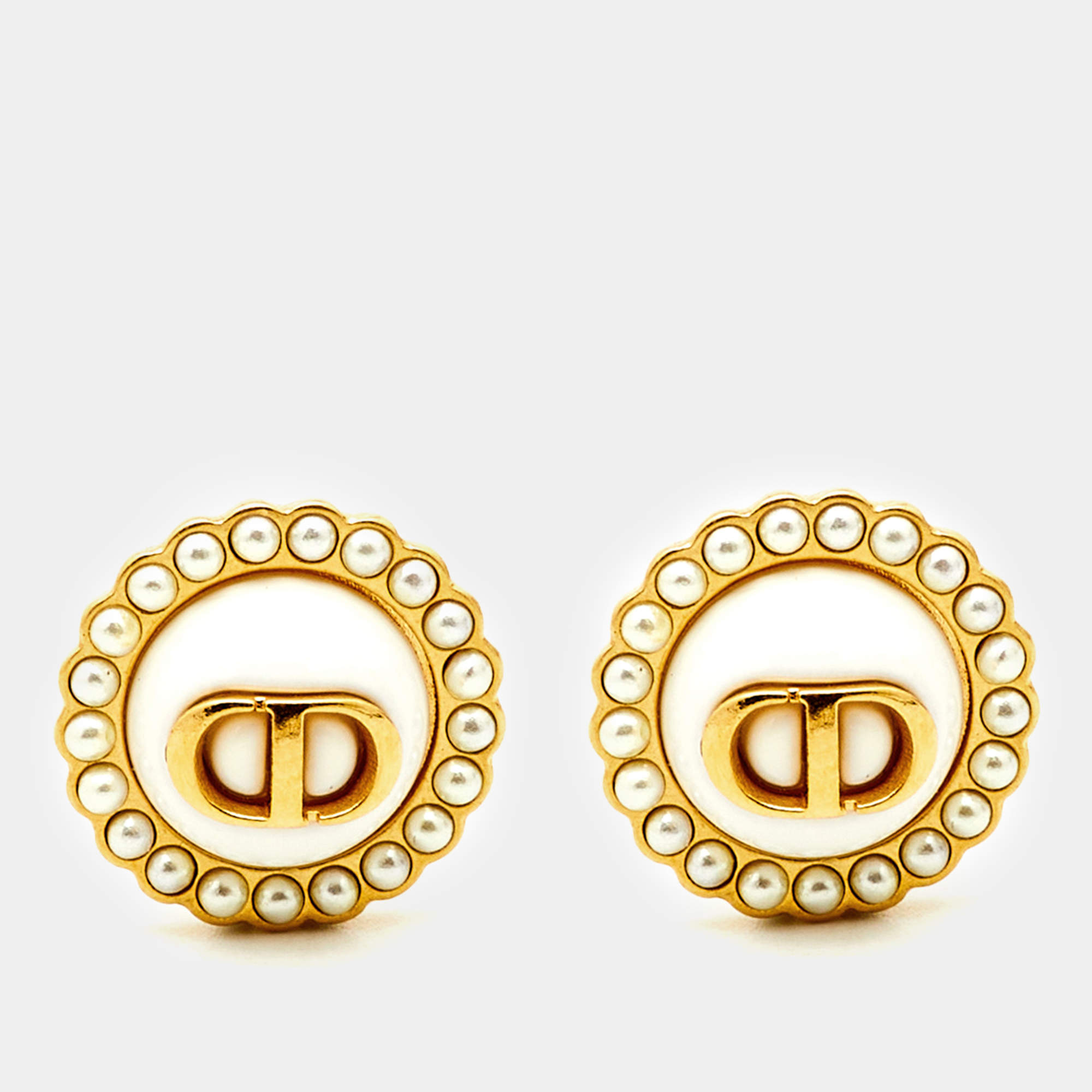 Pre Owned Dior Petit CD Baroque Faux Pearl Gold Tone Stud Earrings