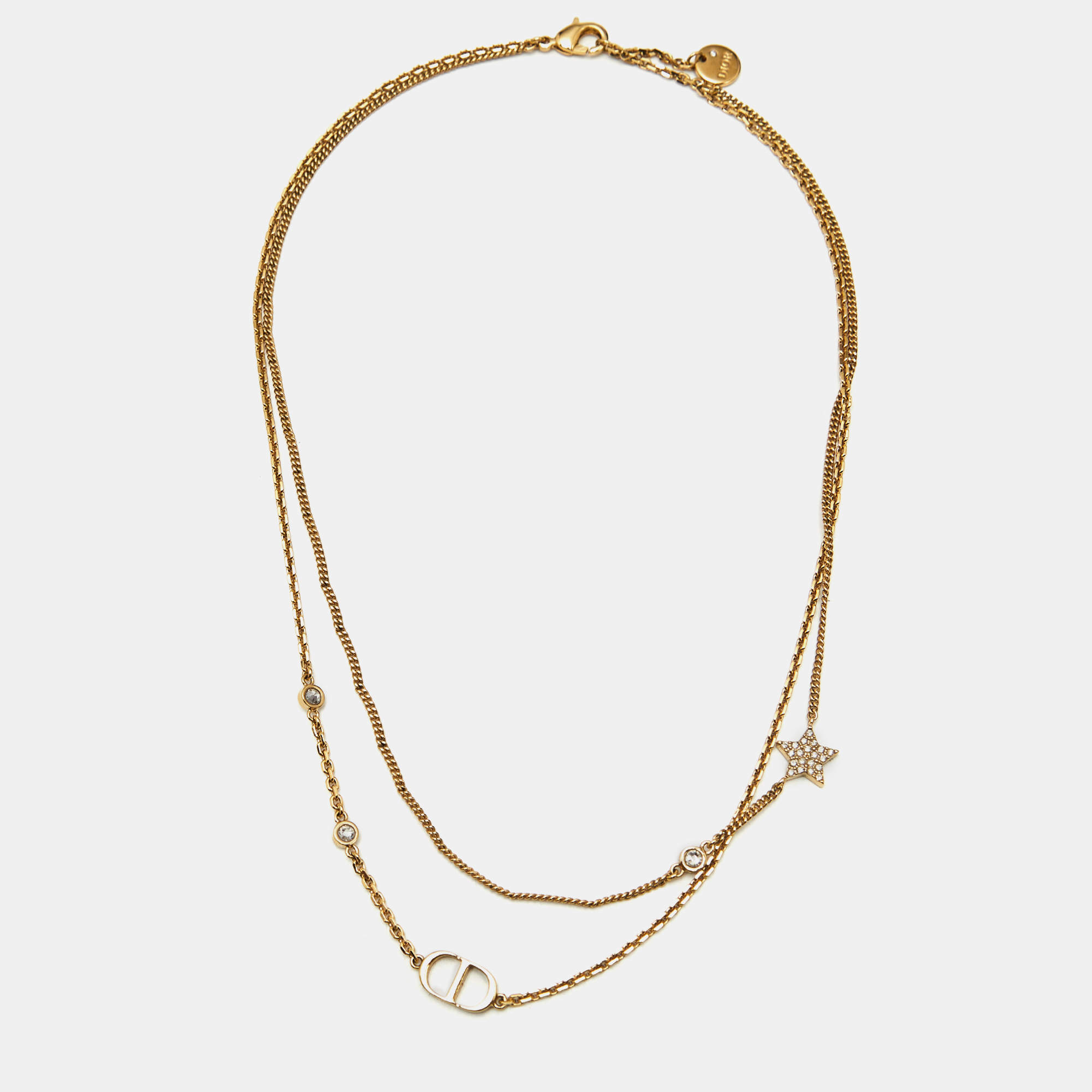 Pre Owned Dior Petit CD Crystals Gold Tone Double Strand Necklace