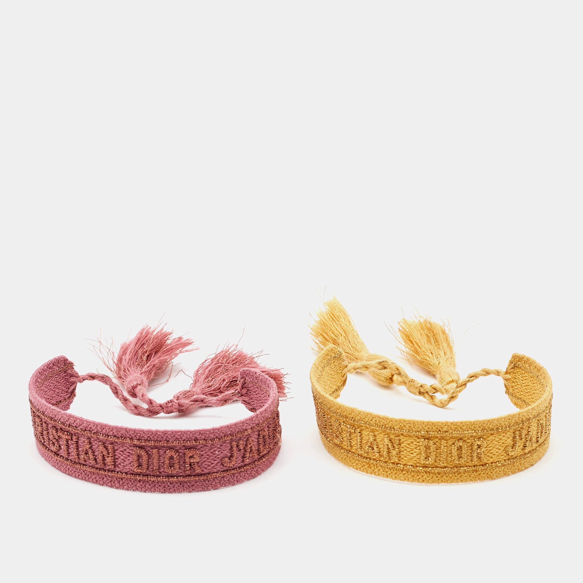 Pre Owned Dior Pink/Yellow J'adior Cotton Embroidered Bracelet Set of 2