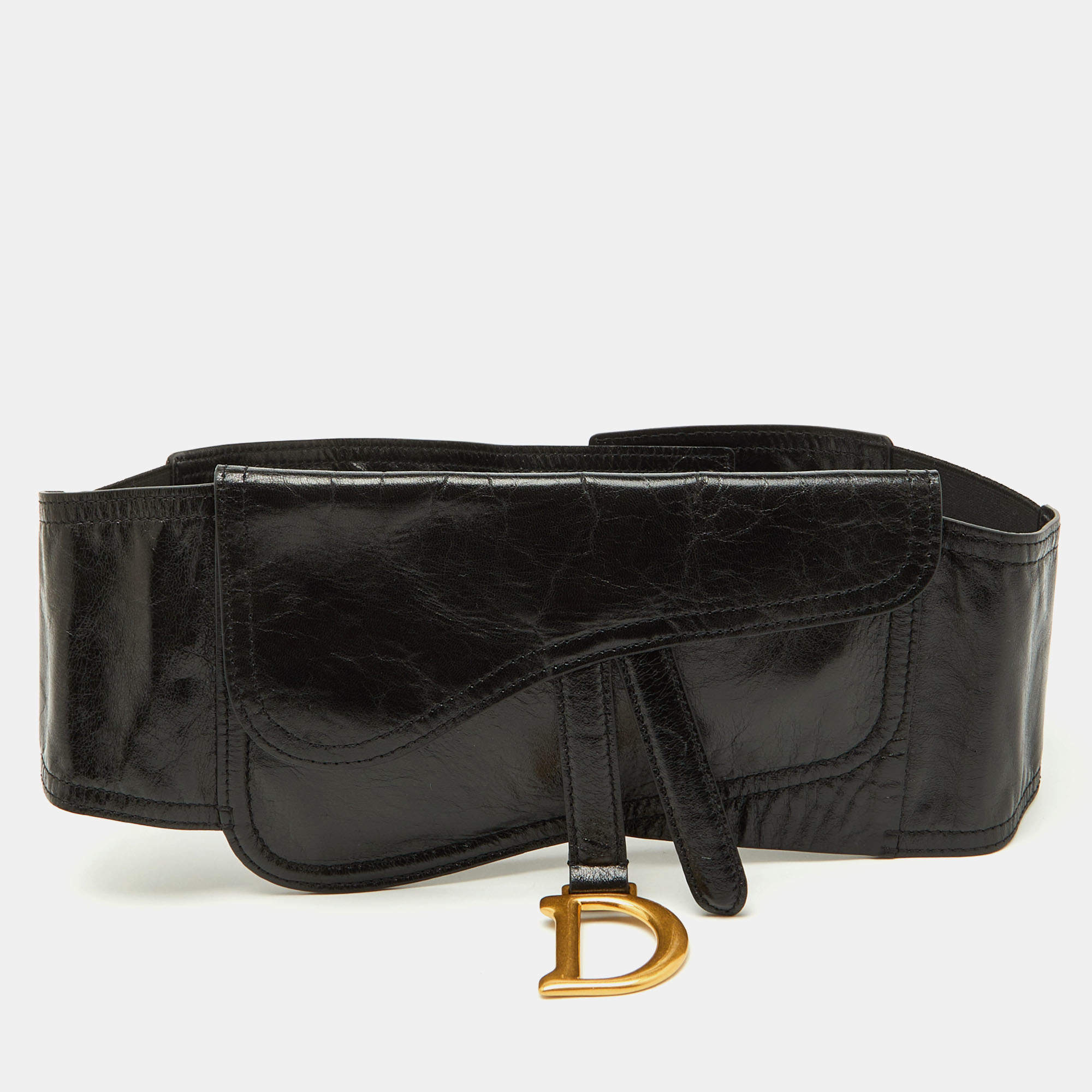 Pre Owned Dior Black Crinkled Leather Saddle Wrap Belt