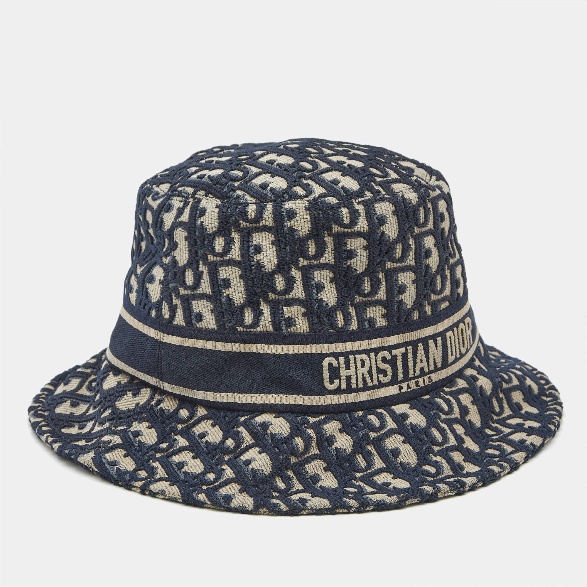 Pre Owned Christian Dior Blue Oblique Jacquard Bucket Hat