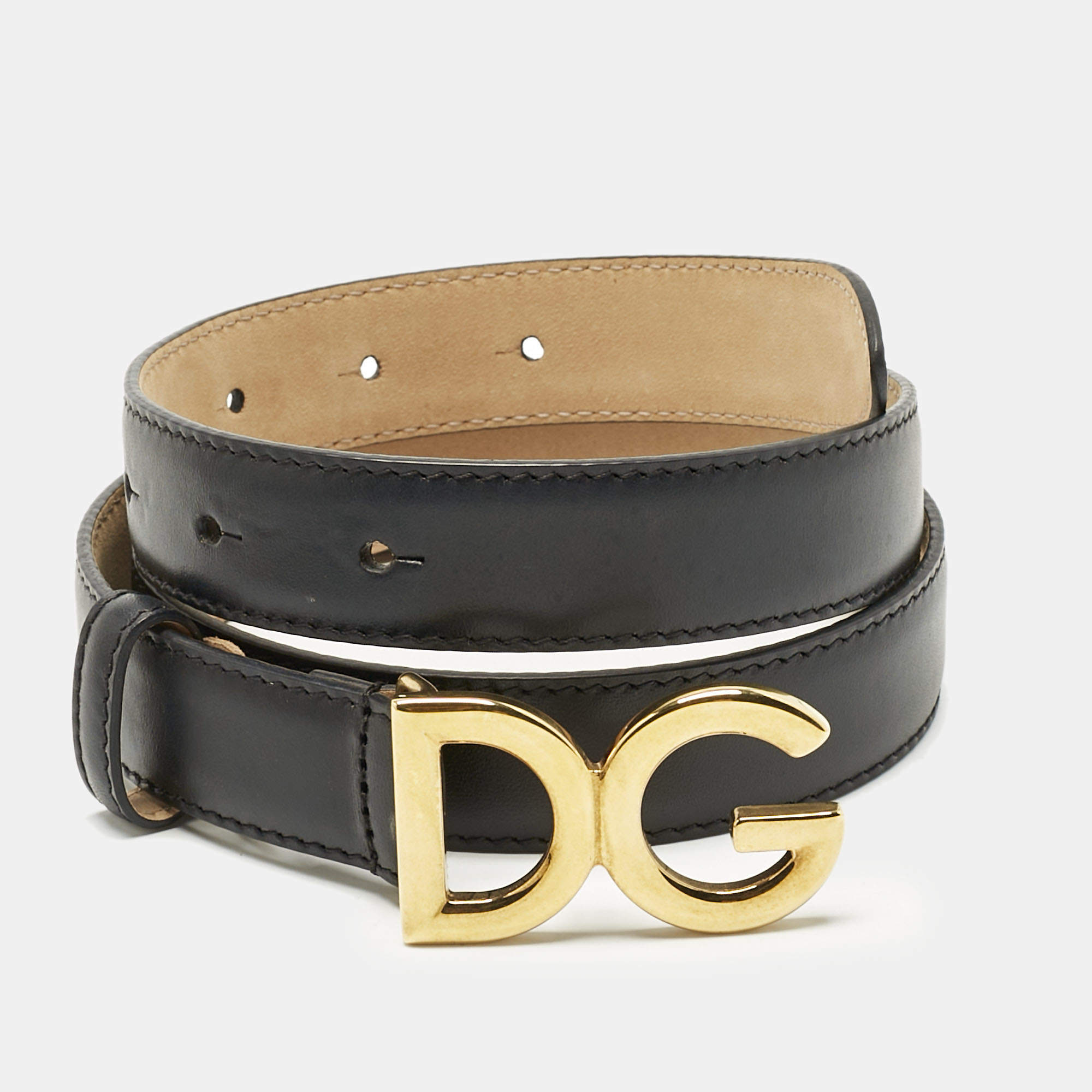 Pre Owned Dolce & Gabbana Black Leather DG Logo Waist Belt 80CM
