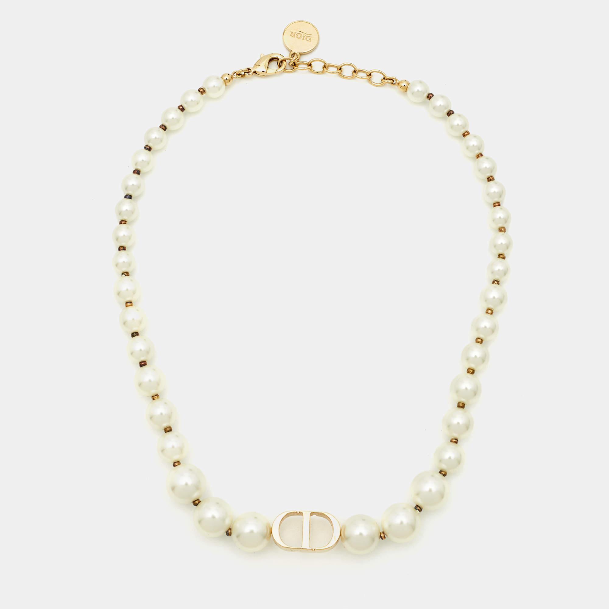 Pre Owned Dior 30 Montaigne CD Faux Pearl Gold Tone Necklace