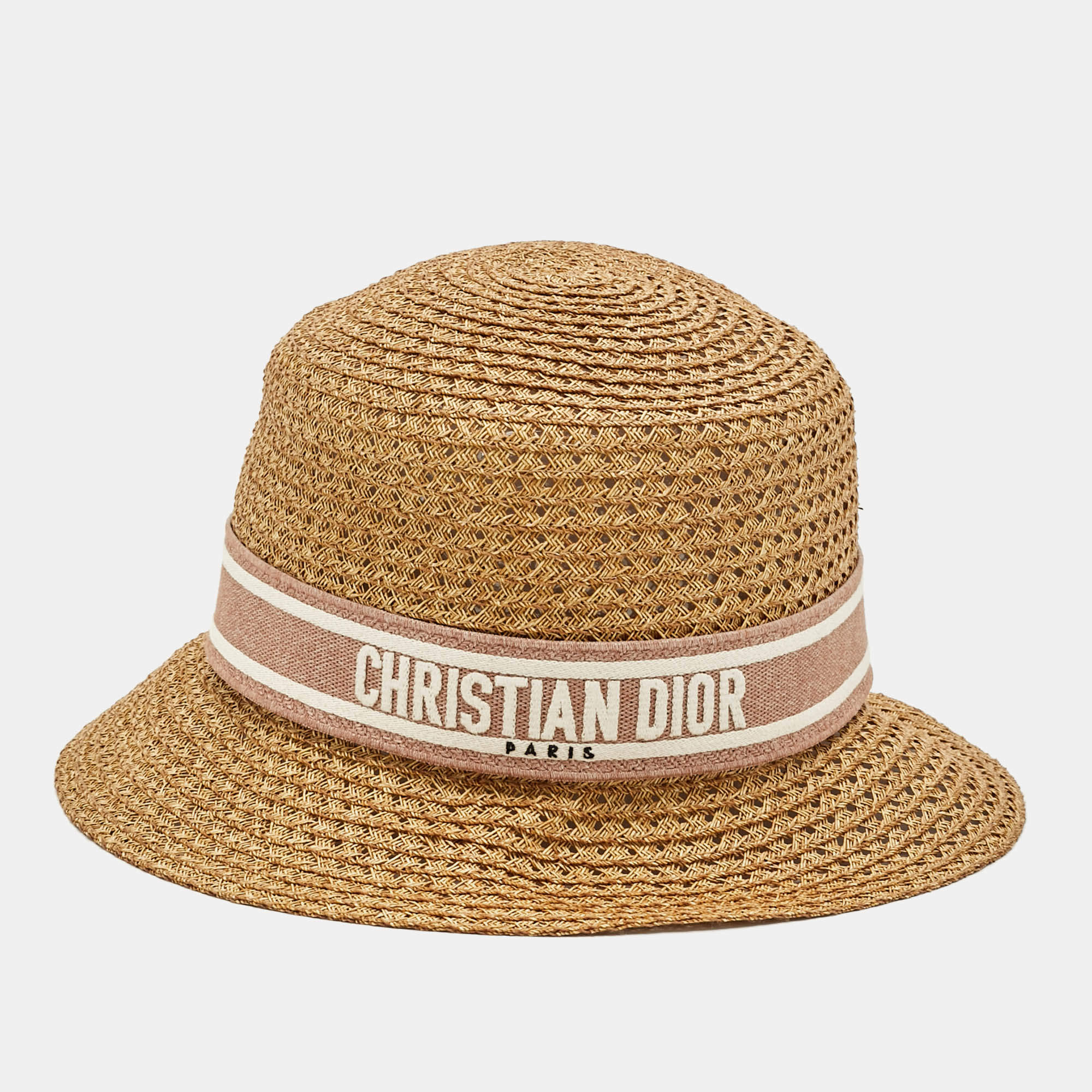Pre Owned Christian Dior Beige Logo Straw Bucket Hat Size 57