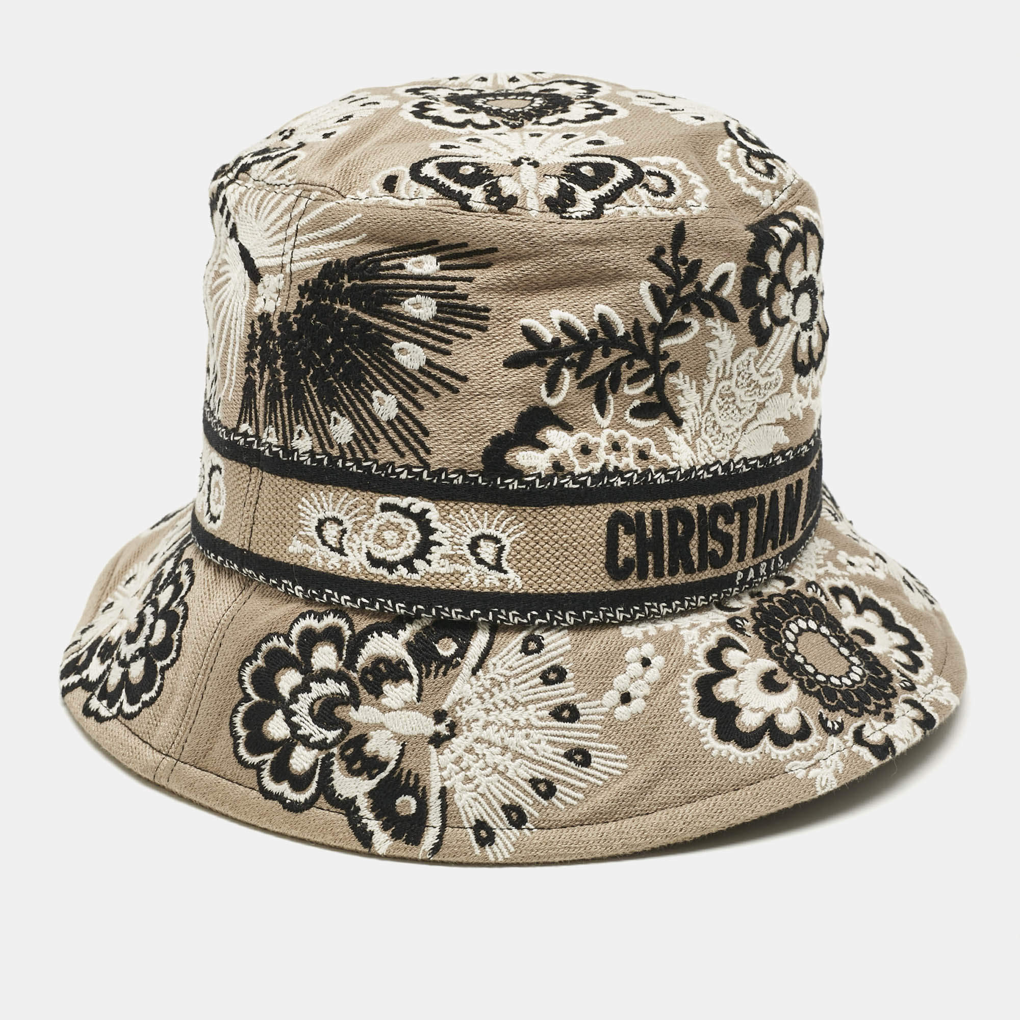 Pre Owned Dior Beige Embroidered Canvas D-bobby Bucket Hat Size 59