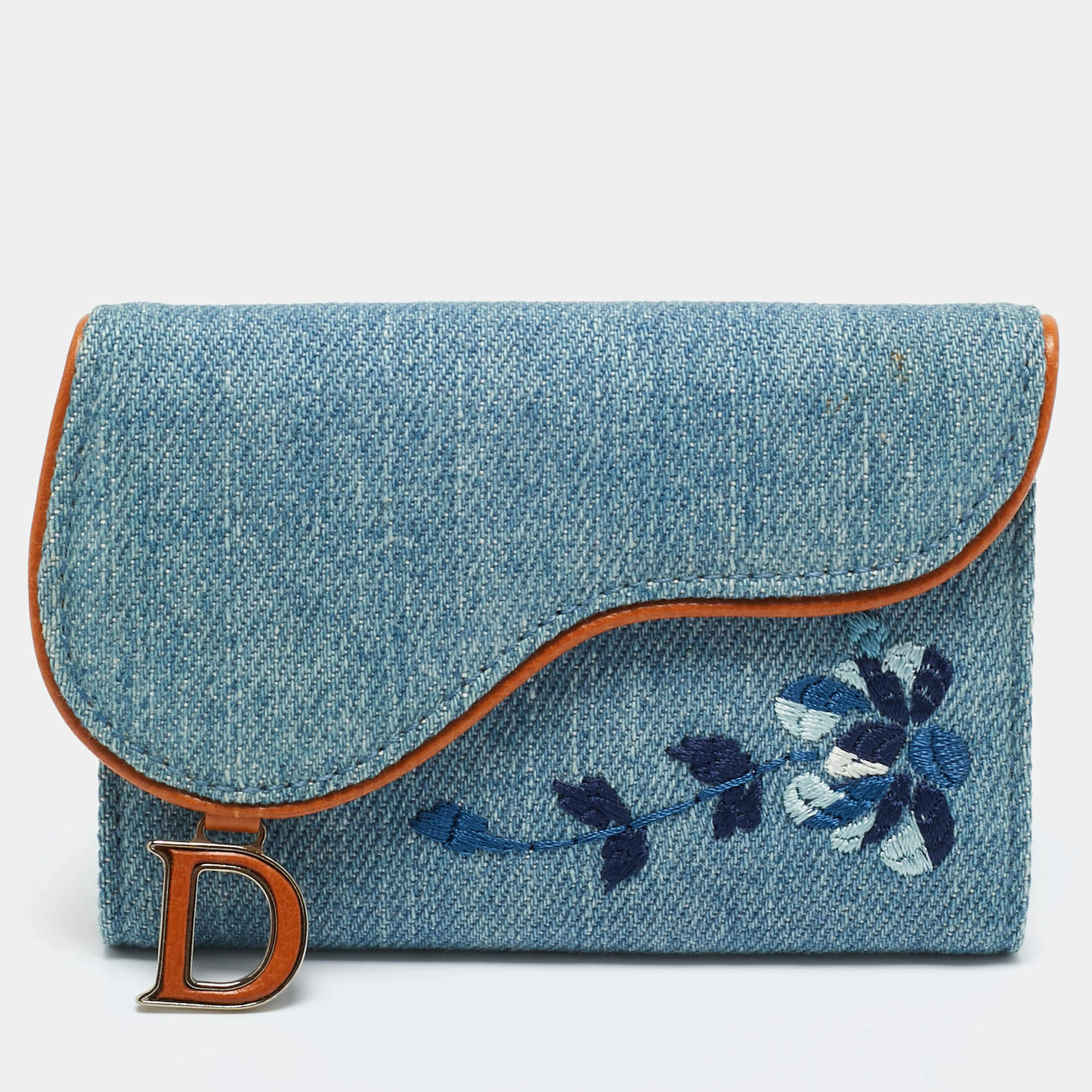 Pre Owned Dior Blue Embroidered Denim Saddle Key Pouch