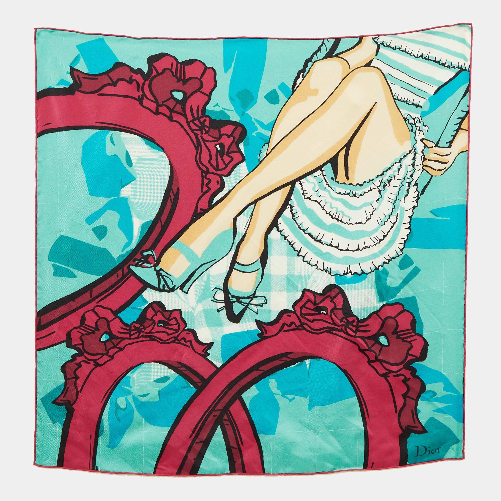 Pre Owned Dior Turquoise Blue/Pink Printed Silk Scarf