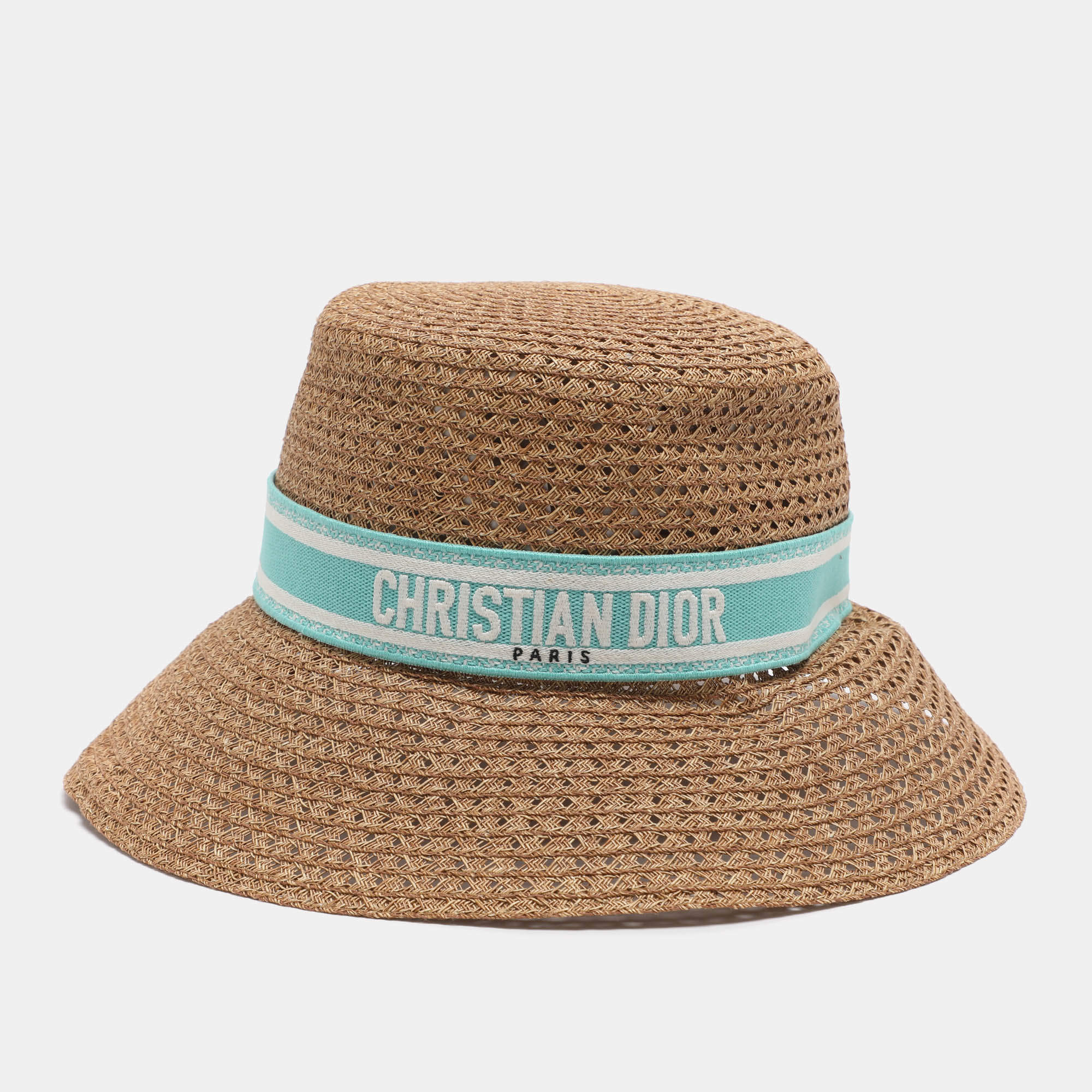 Pre Owned قبعة ديور د بوبي كبيرة الحواف مطرزة بلون بني من القش