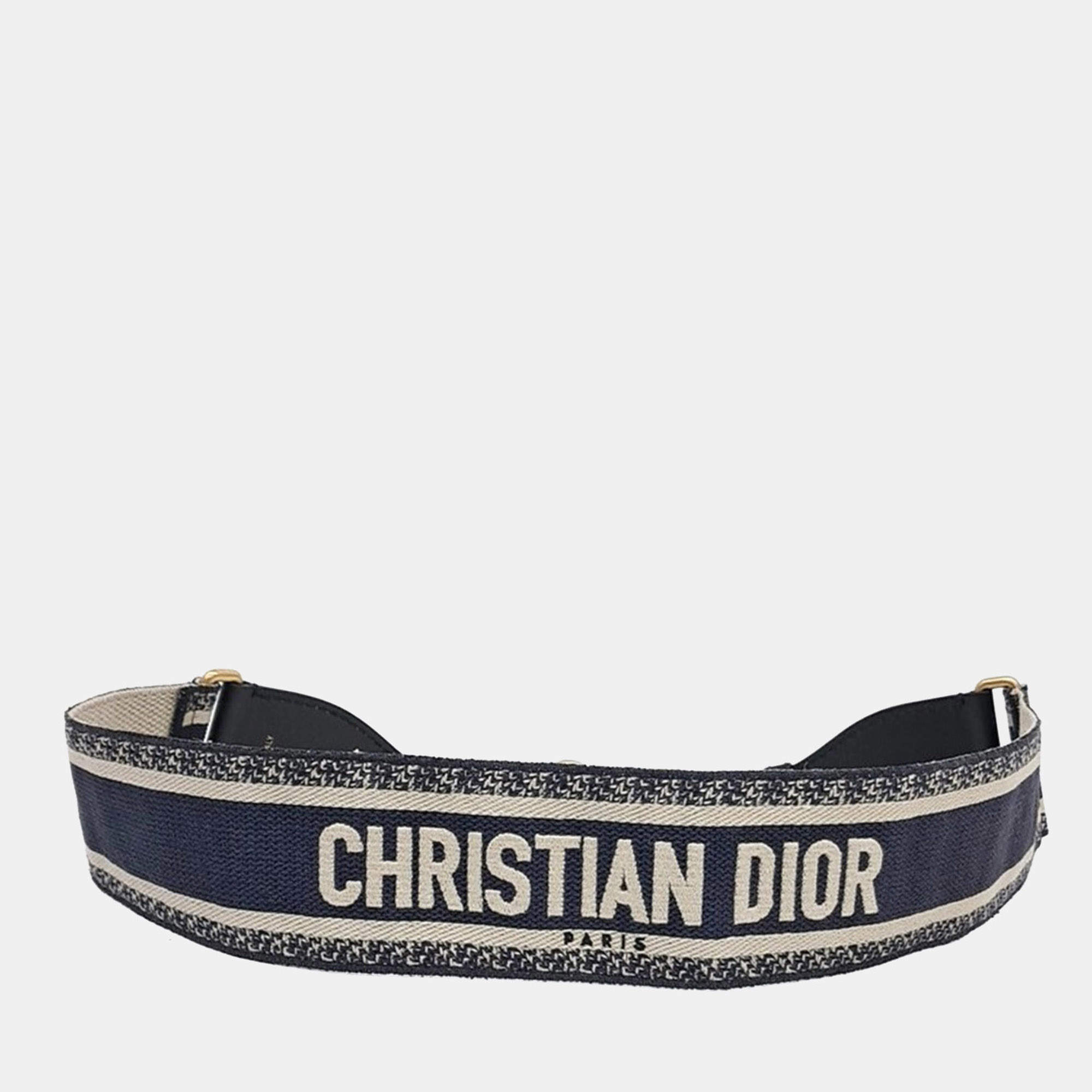 Pre Owned Christian Dior Beige Navy Blue Fabric Strap
