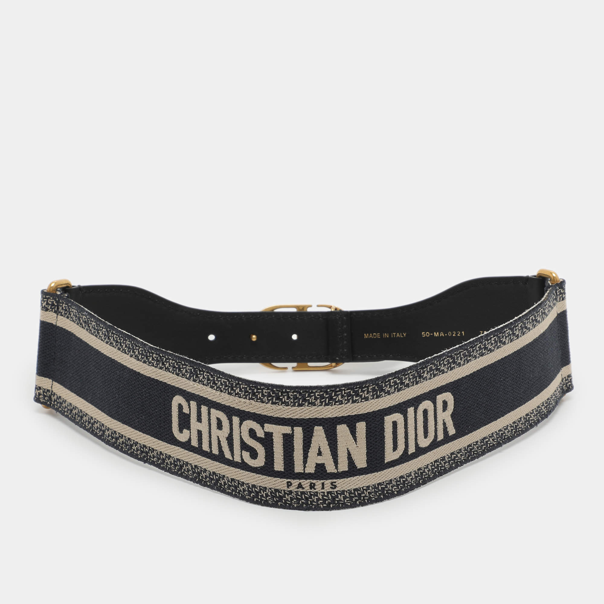 Pre Owned Dior Navy Blue Embroidered Canvas and Leather Buckle Waist Belt 75CM