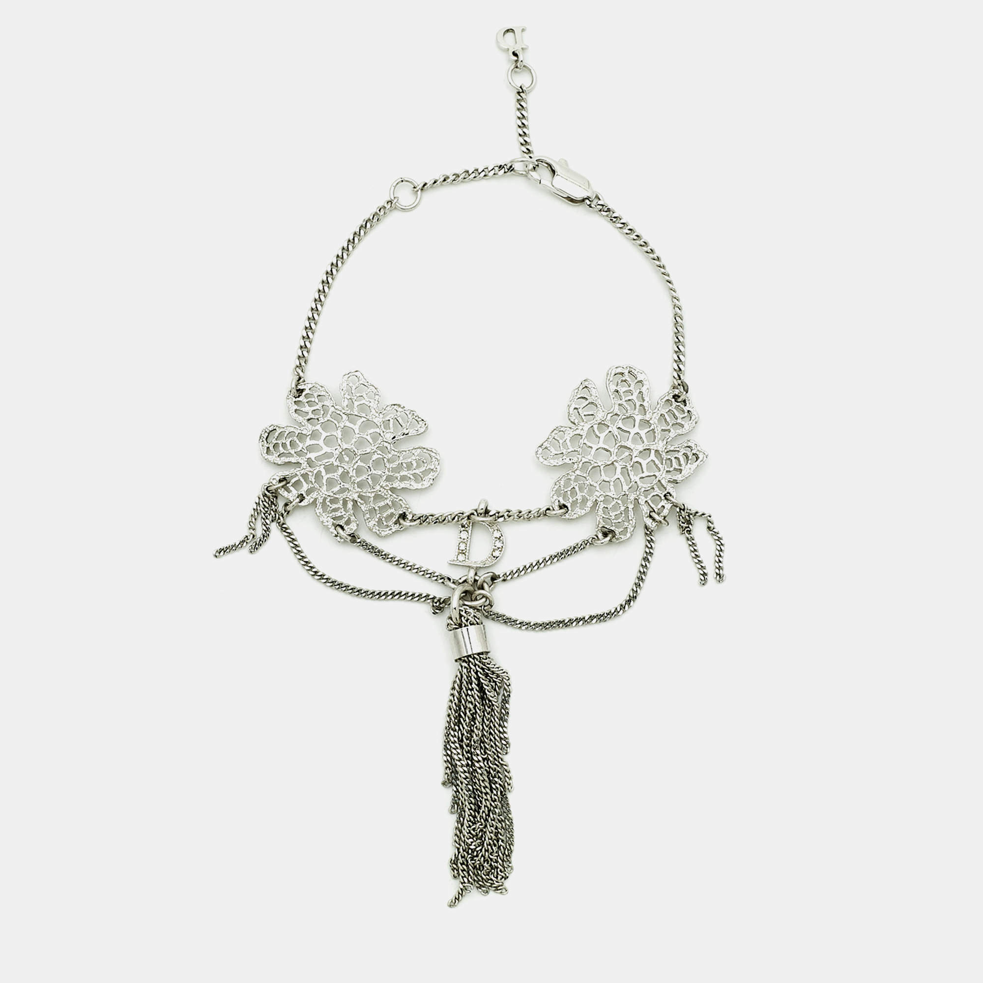 Pre Owned Dior Floral Crystals Silver Tone Bracelet