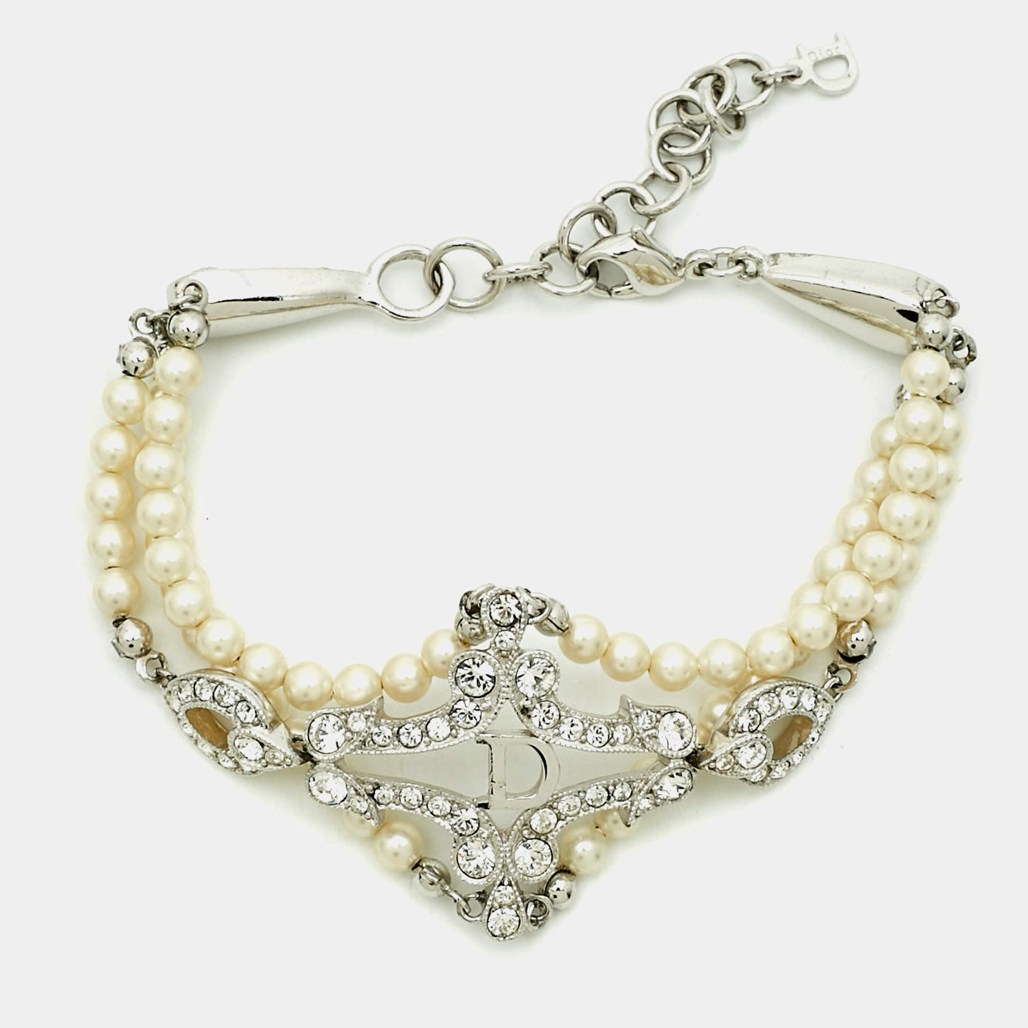 مملوكة مسبقًا Dior Crystals Faux Pearl Silver Tone Bracelet