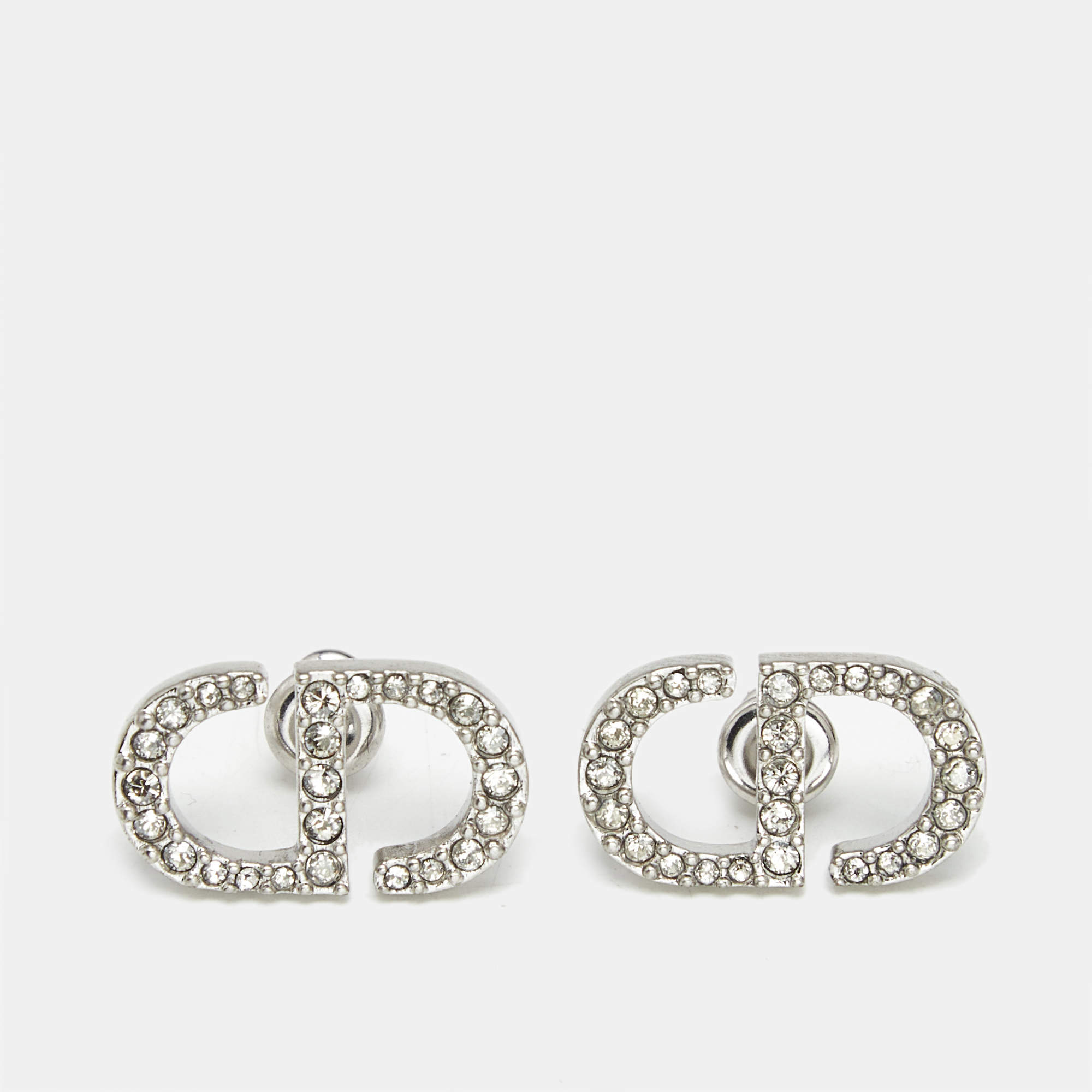Pre Owned Dior CD Crystals Silver Tone Stud Earrings