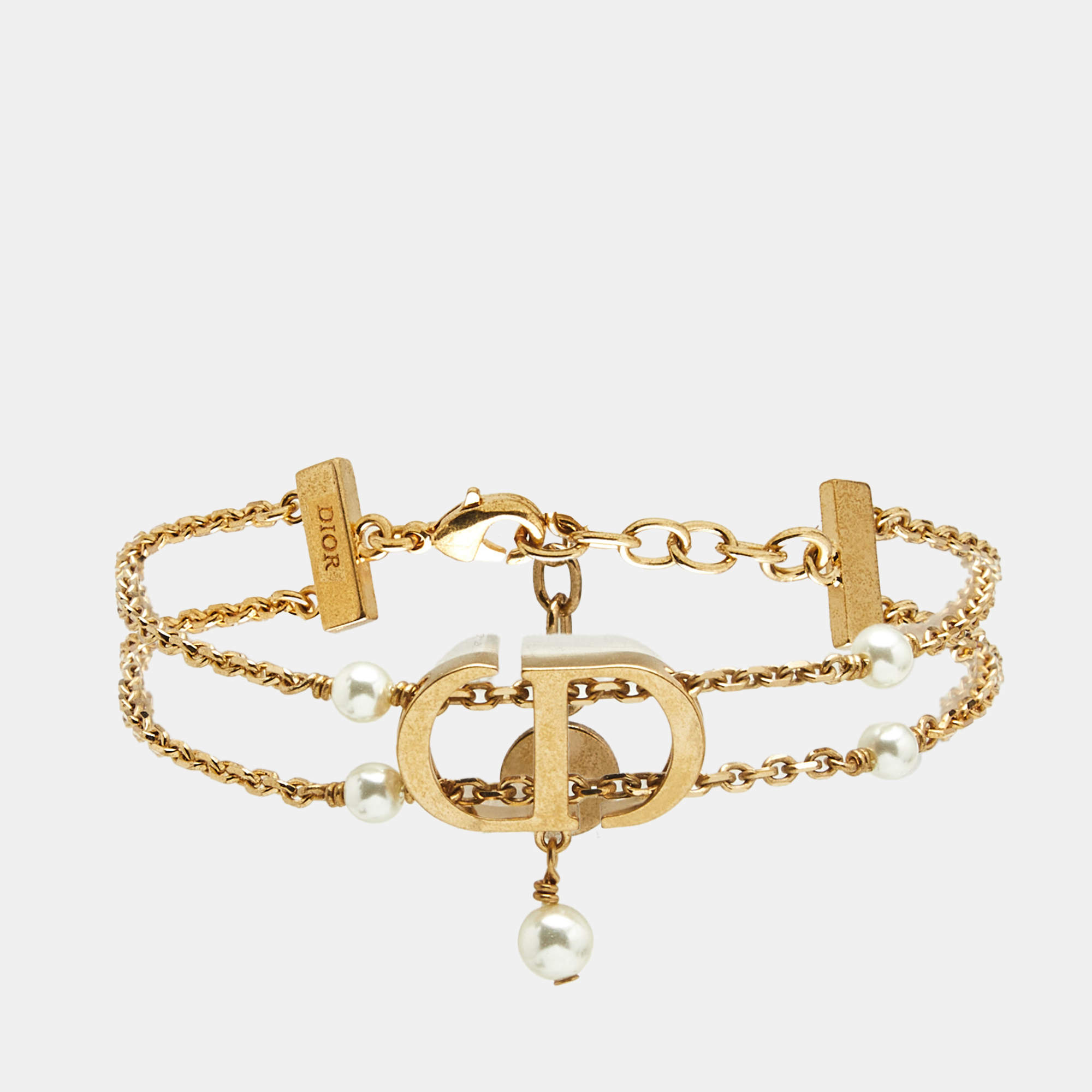 Pre Owned Christian Dior Petit CD Double Chain Faux Pearl Gold Tone Bracelet 