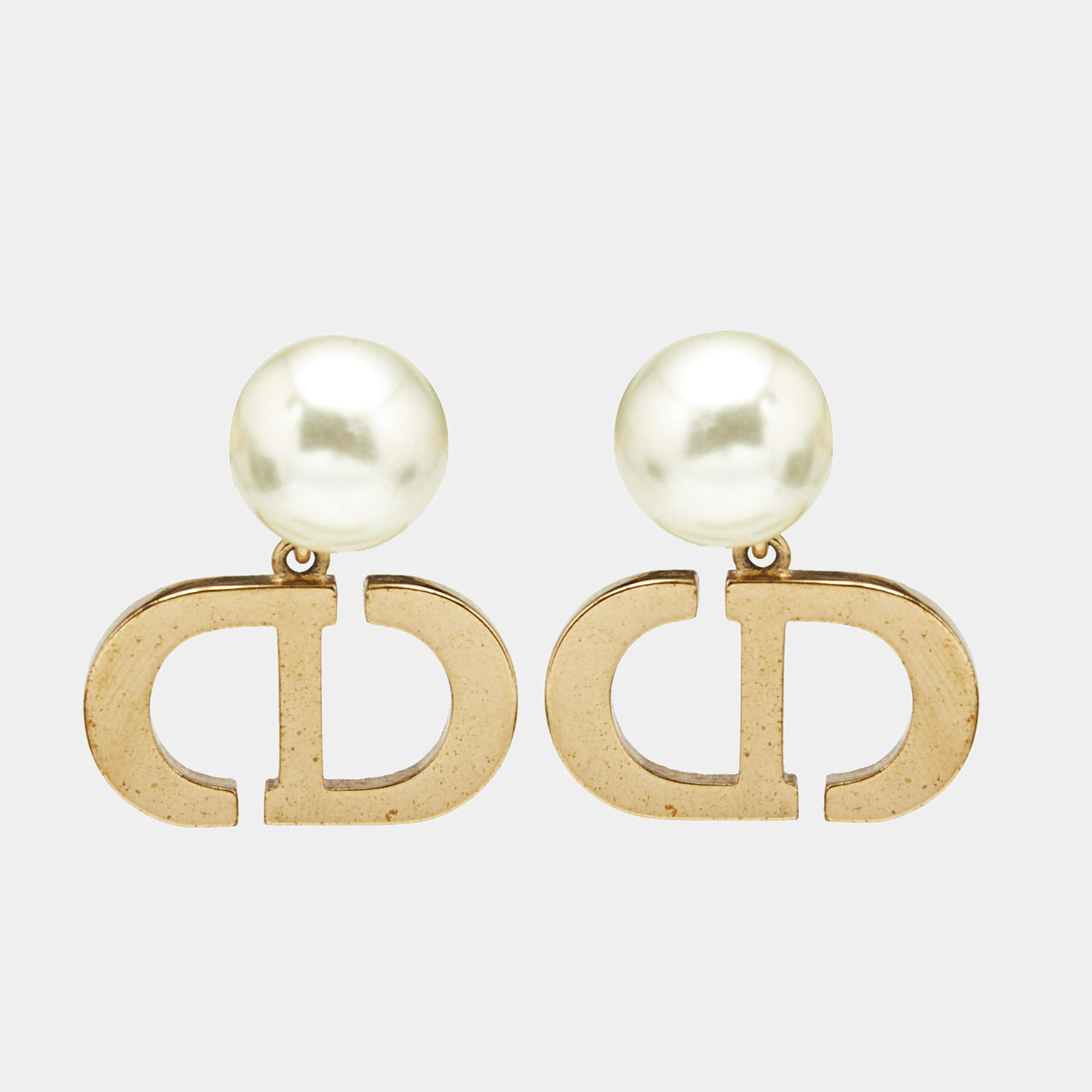 Pre Owned Christian Dior CD Tribales Faux Pearl Gold Tone Earrings
