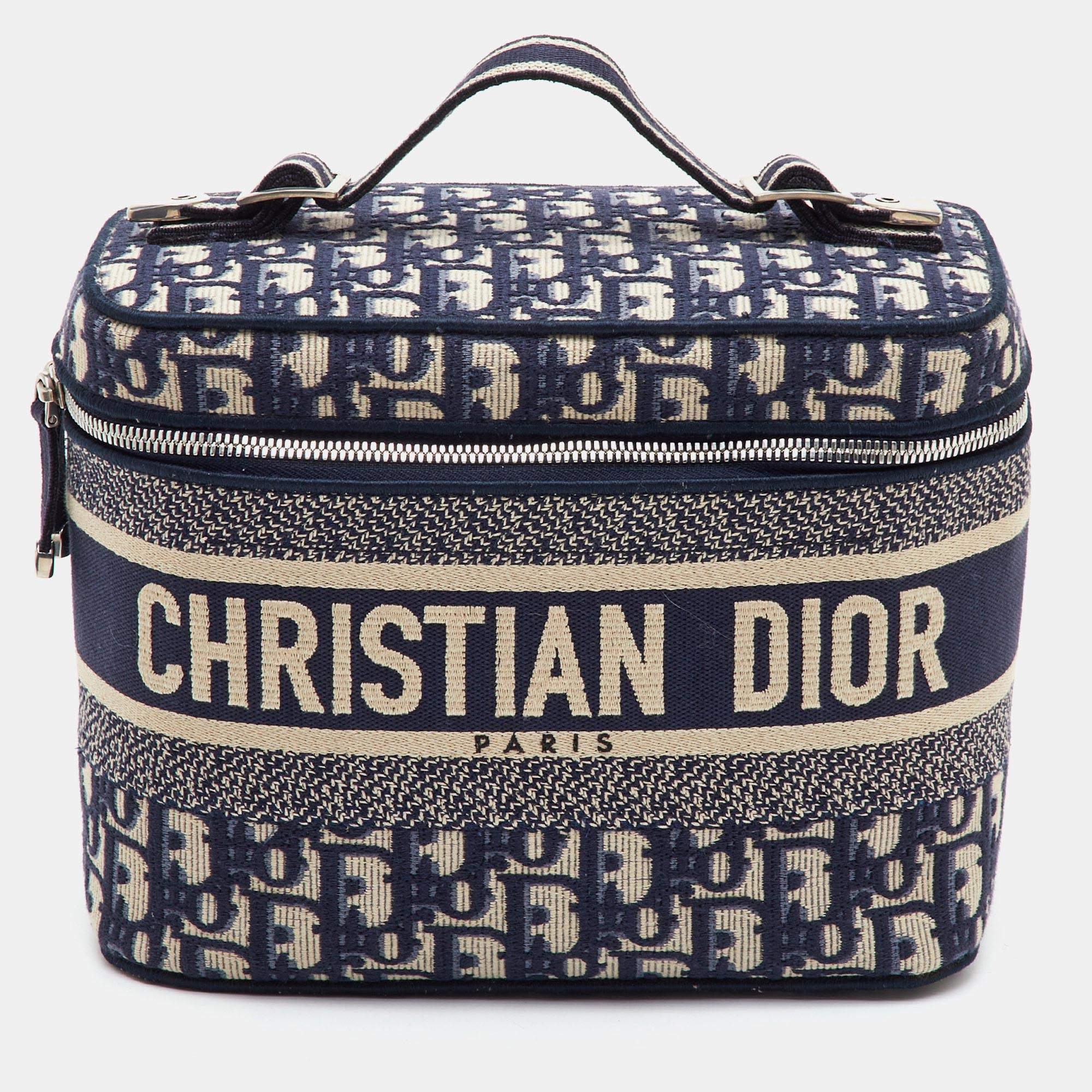 Pre Owned Dior DiorTravel Navy Blue Oblique Embroidered Canvas Vanity Case