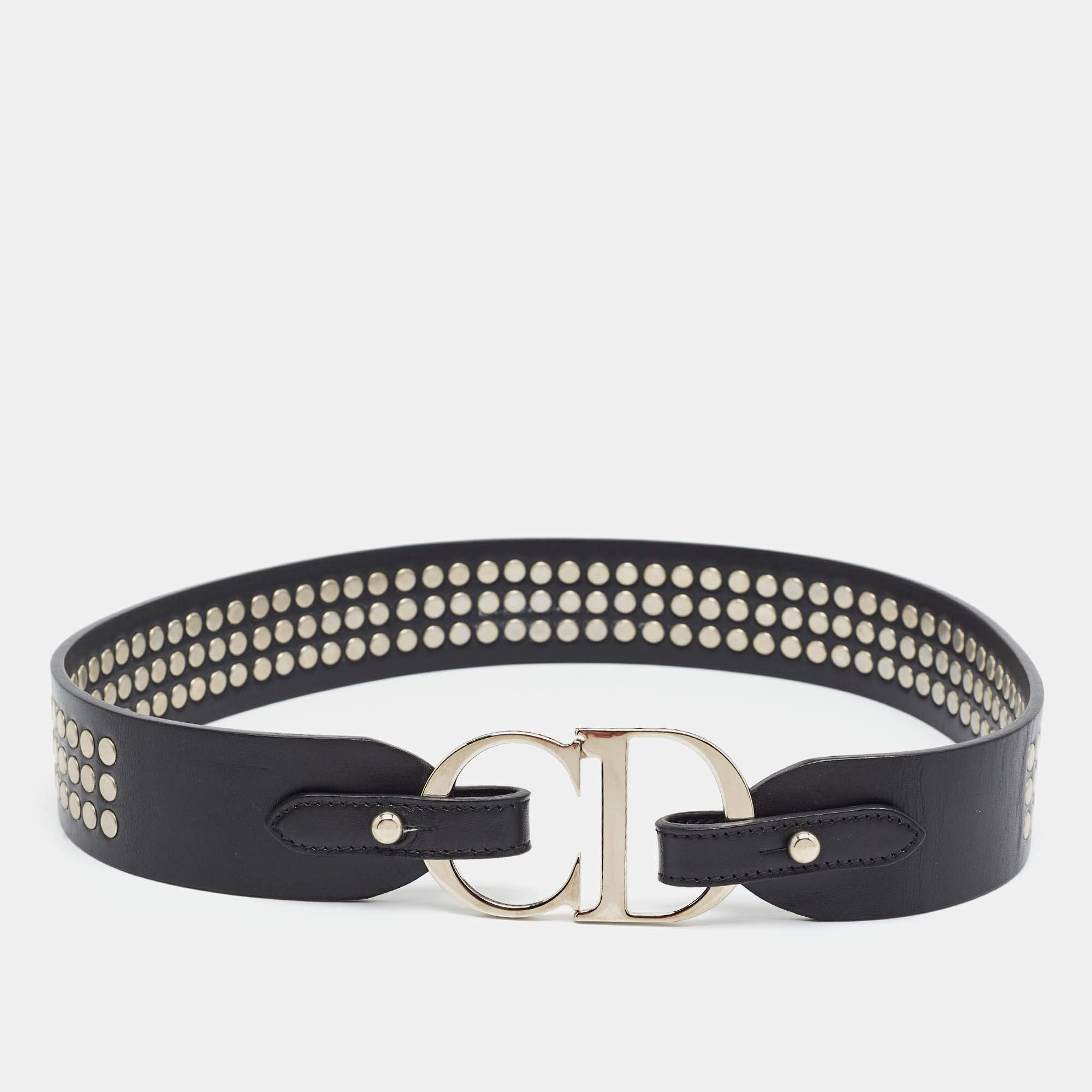 Pre Owned Dior CD Logo Studded 80 CM Waist Belt Black Leather