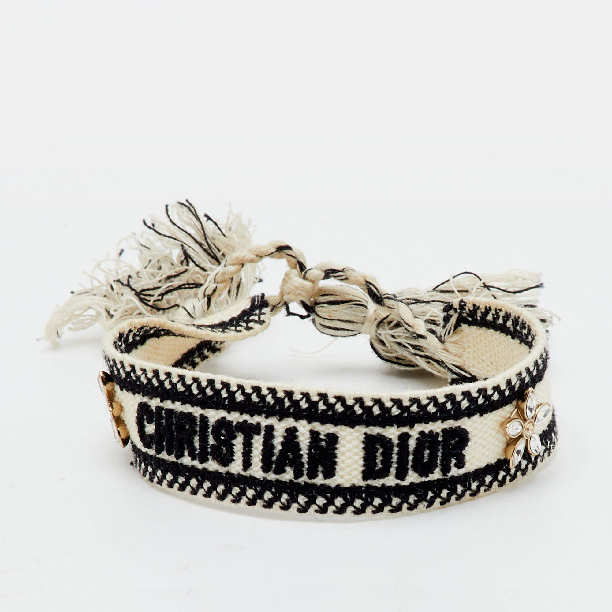 Pre Owned Christian Dior Black Floral Motif Embroidered Woven Tassel Bracelet 