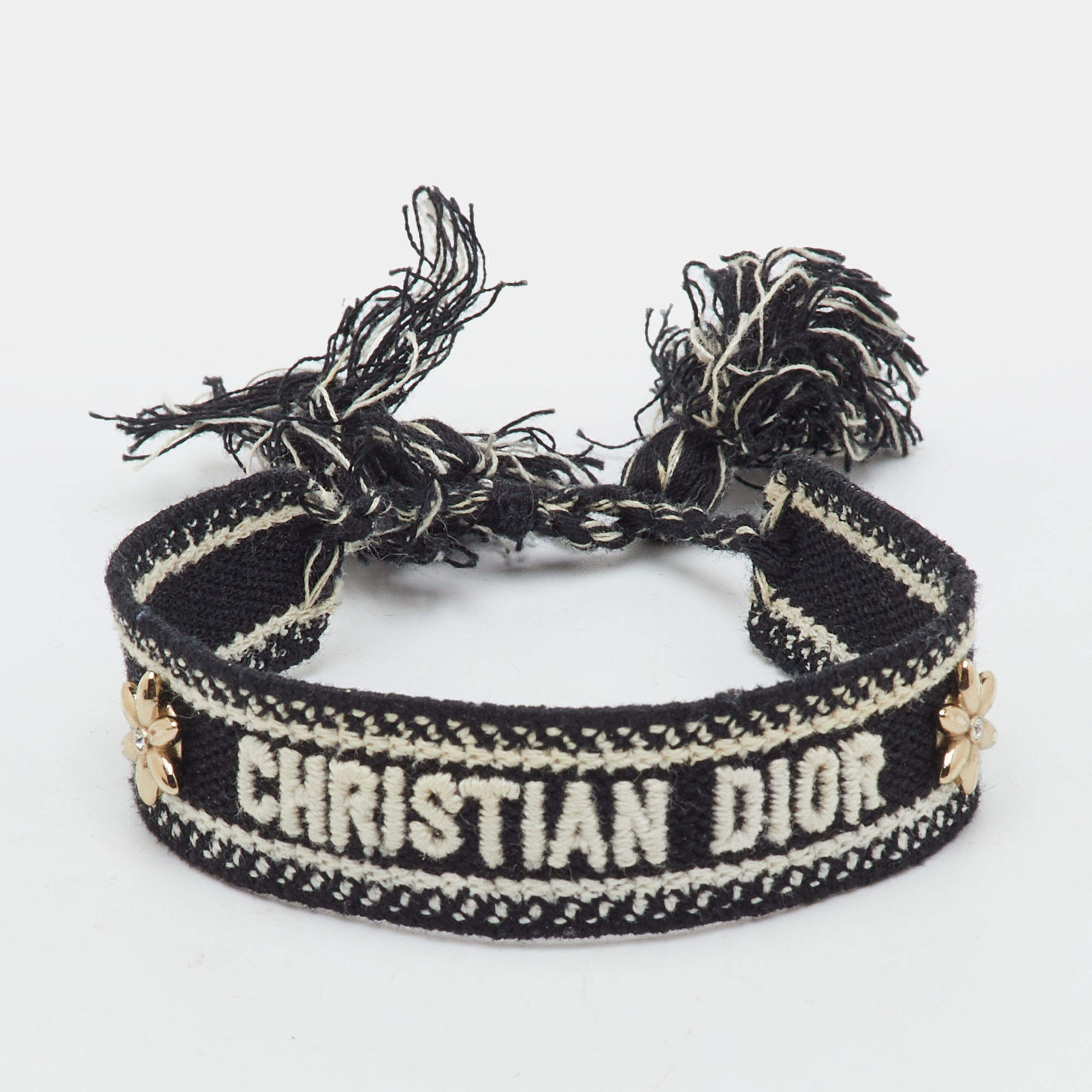 مملوكة مسبقًا Christian Dior Black Floral Motif Embroidered Woven Tassel Bracelet 