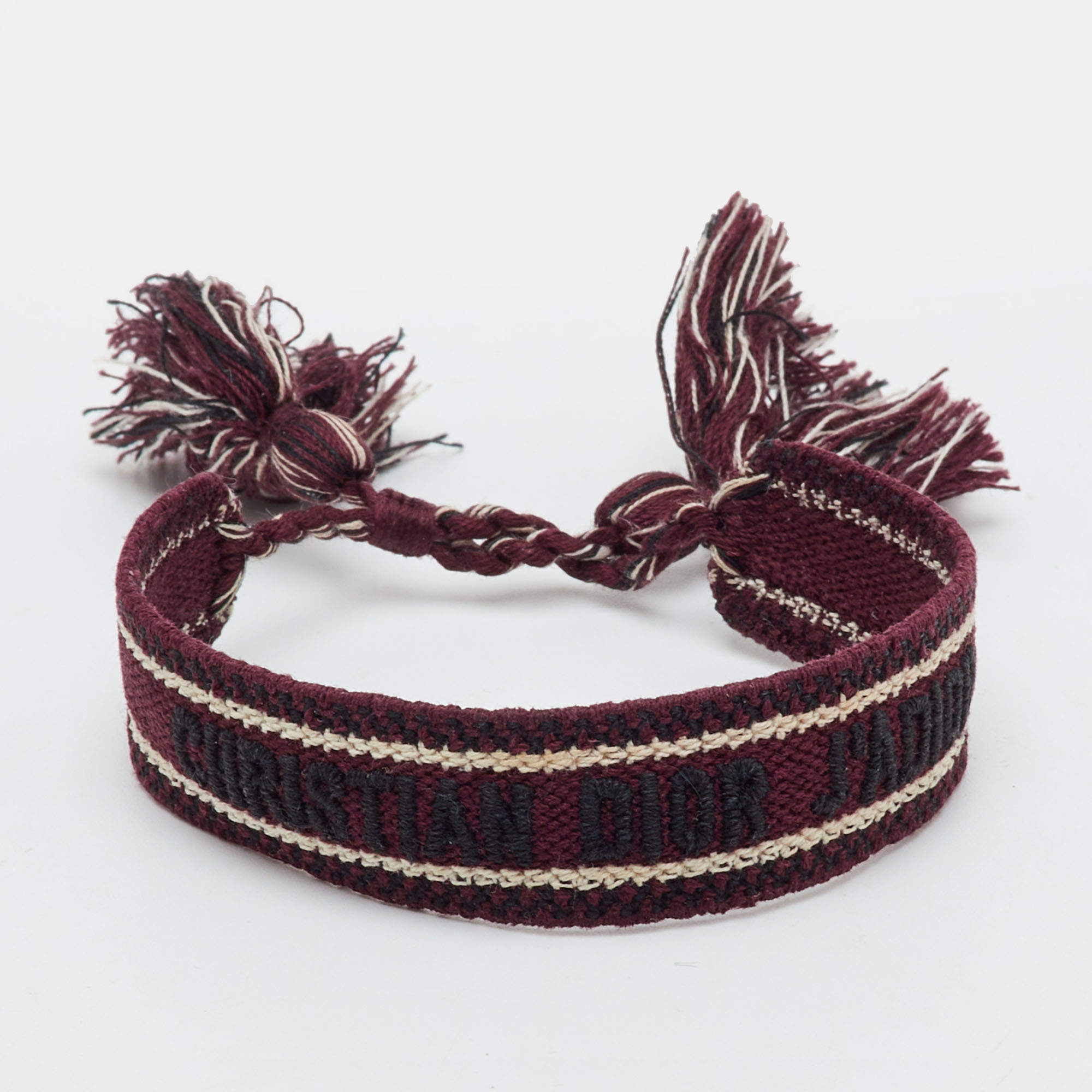 Pre Owned Dior Burgundy J'Adior Embroidered Woven Tassel Bracelet