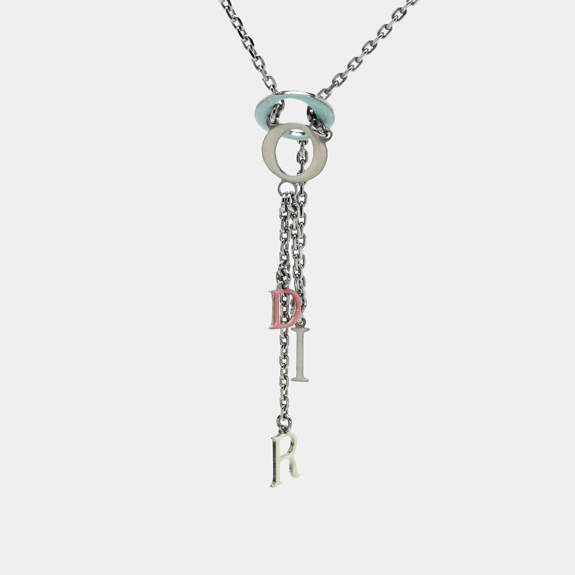Pre Owned Dior Enamel Logo Silver Tone Tassel Necklace