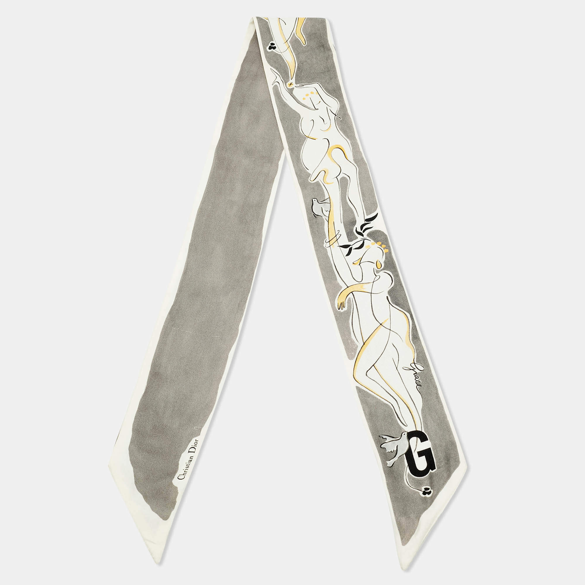 Pre Owned ABCDior Grey Grace Print Silk Mitzah Scarf