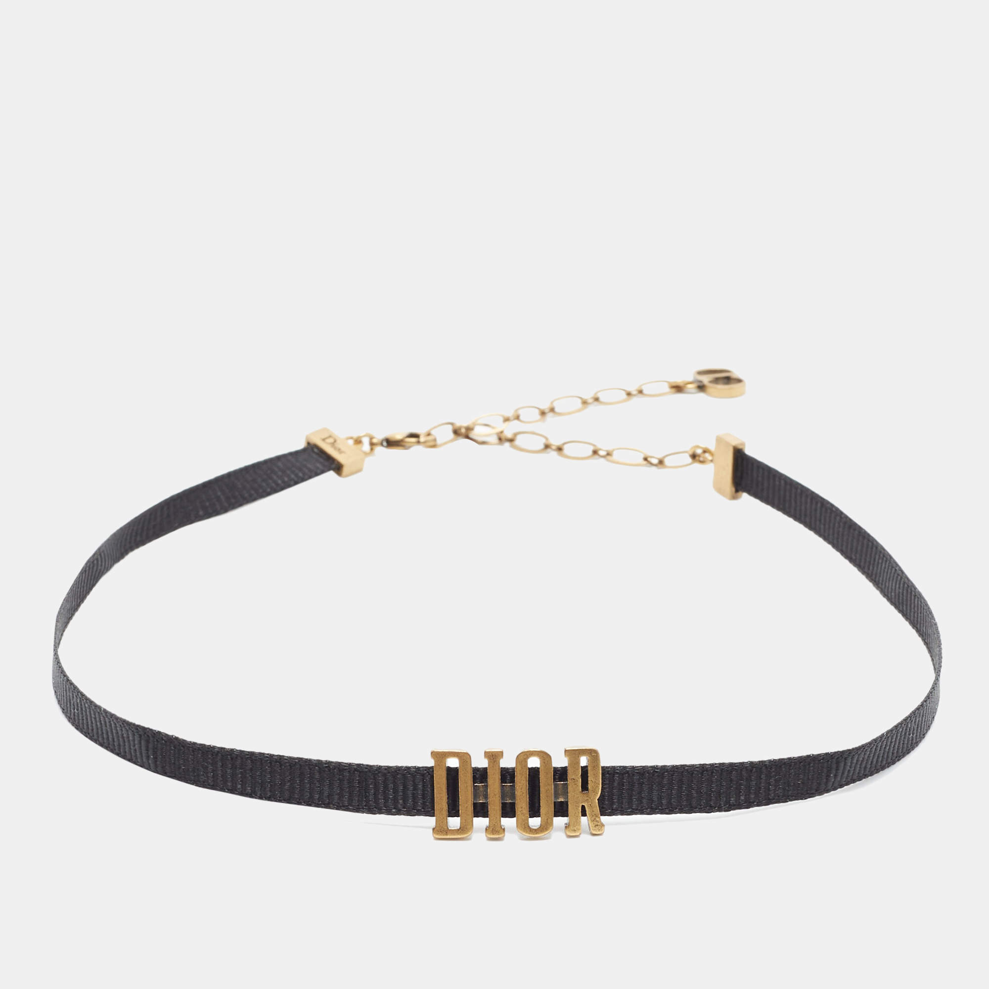 Pre Owned Dior Gold Tone Logo Grosgrain Ribbon Choker Necklace 