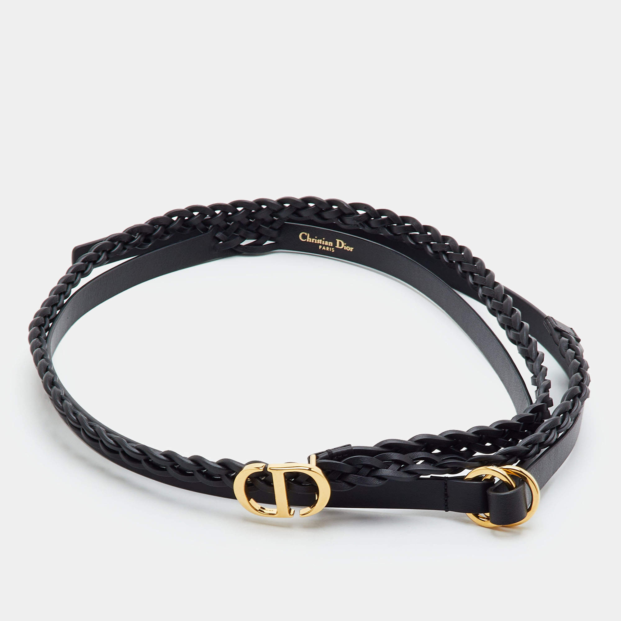 Pre Owned Dior DiorDouble CD 85CM Black Braided Leather Thin Wrap Waist Belt