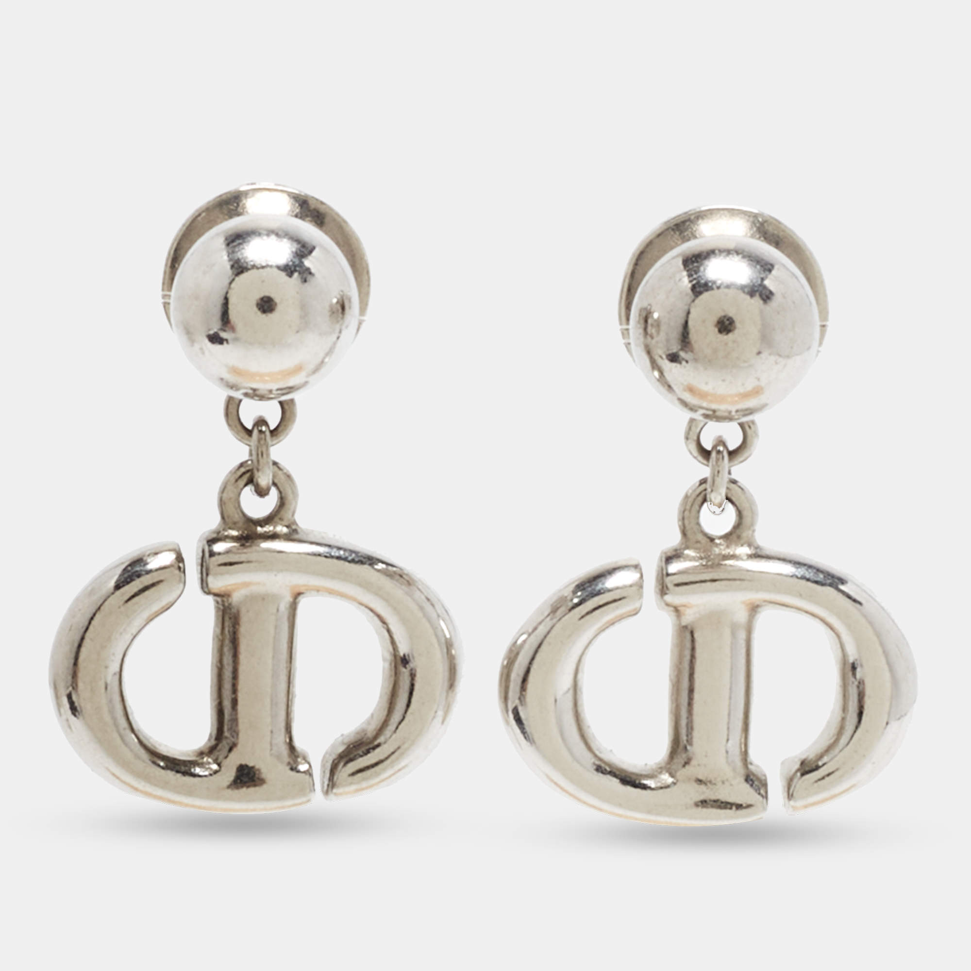 Pre Owned Dior CD Navy Silver Tone Drop Earring