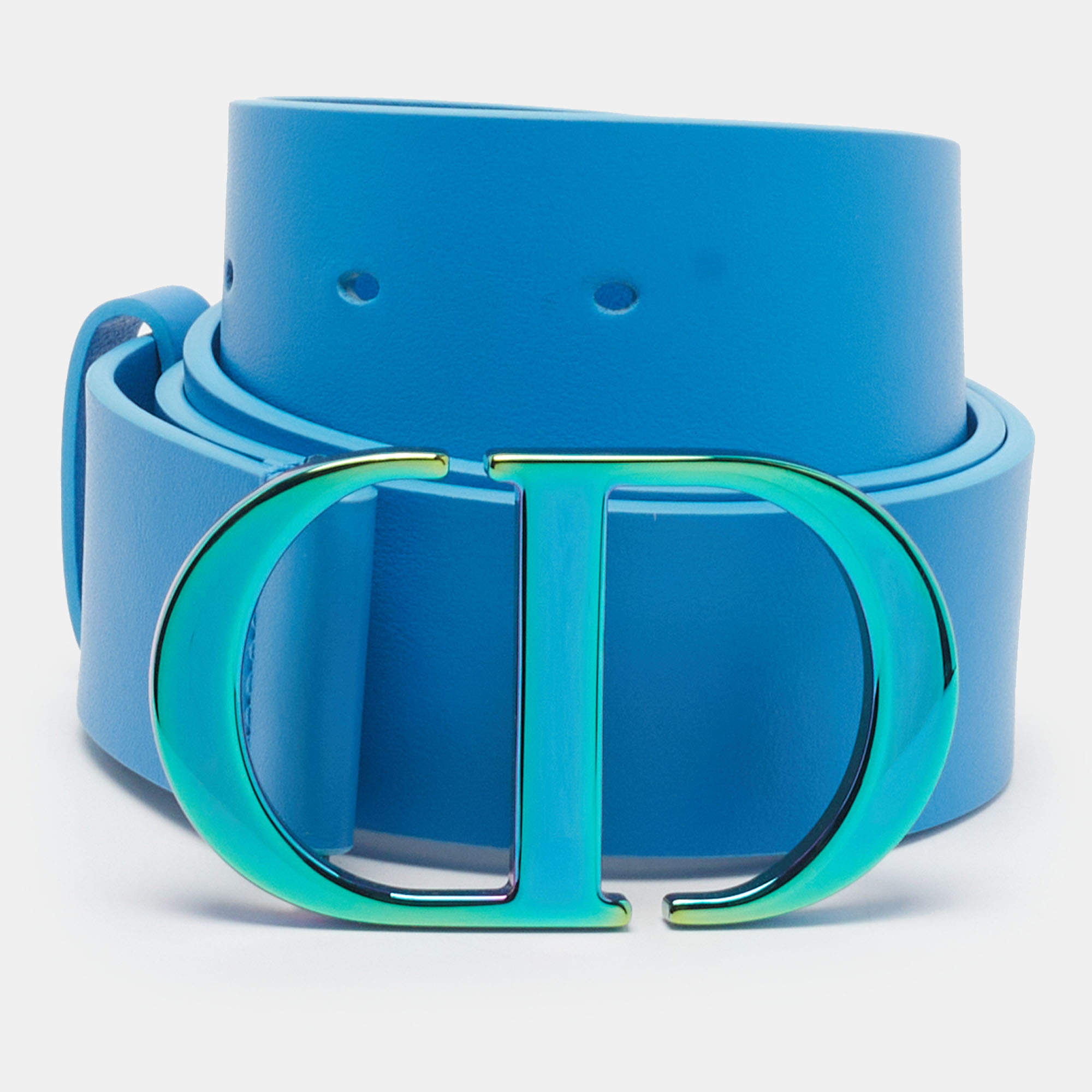 Pre Owned Dior 30 Montaigne Iridescent 85 CM Buckle Belt Blue Leather