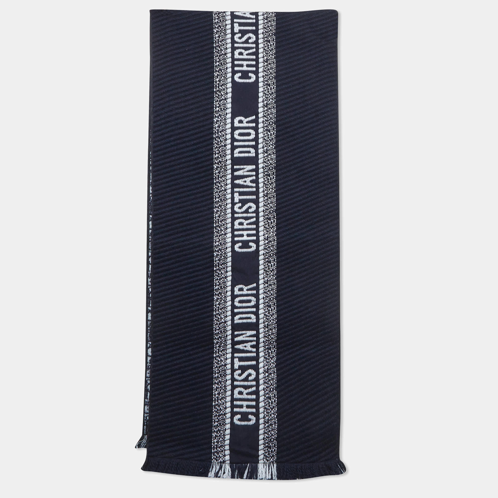 Pre Owned Christian Dior Navy Blue Oblique Wool University Reversible Scarf One Size