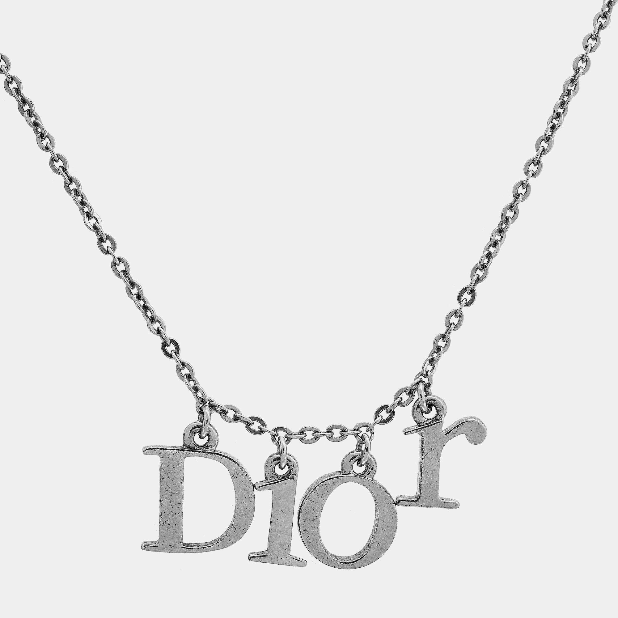 Pre Owned Dior Logo Charm Silver Tone Pendant Necklace