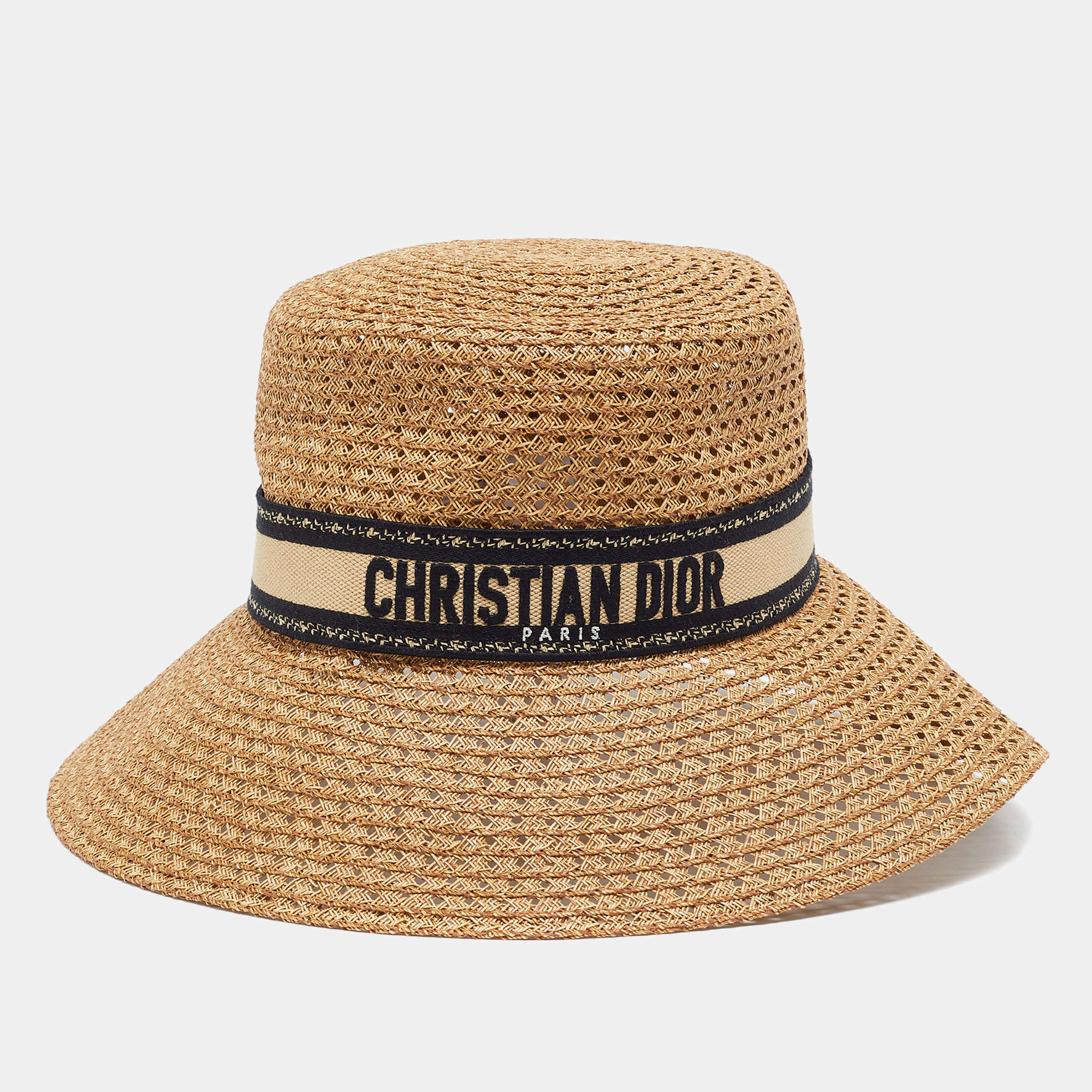 Pre Owned Christian Dior Beige Logo Embroidered Straw D-Bobby Small Brim Hat Size 57