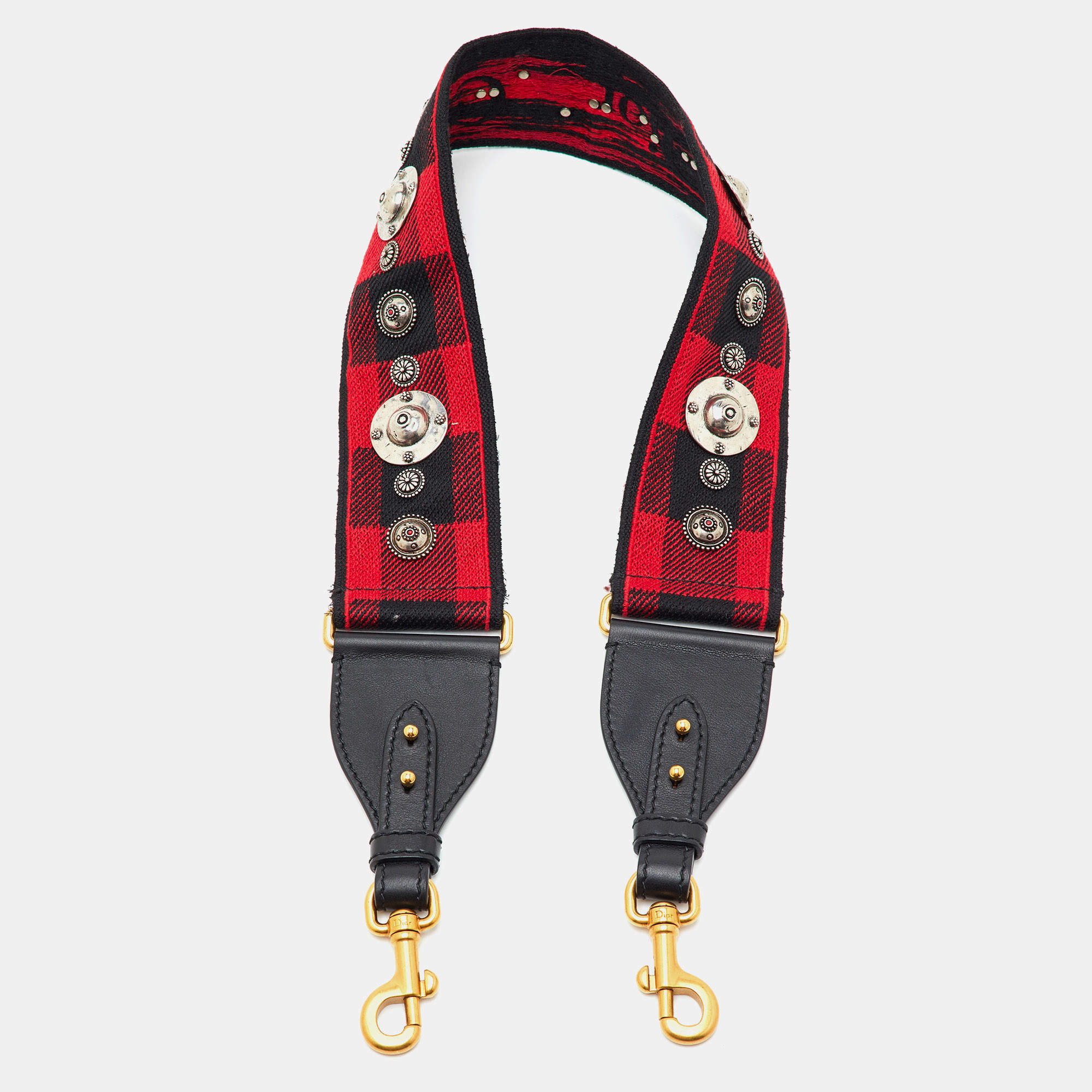 Pre Owned Dior Red/Black Canvas and Leather Studded Saddle Shoulder Bag Strap