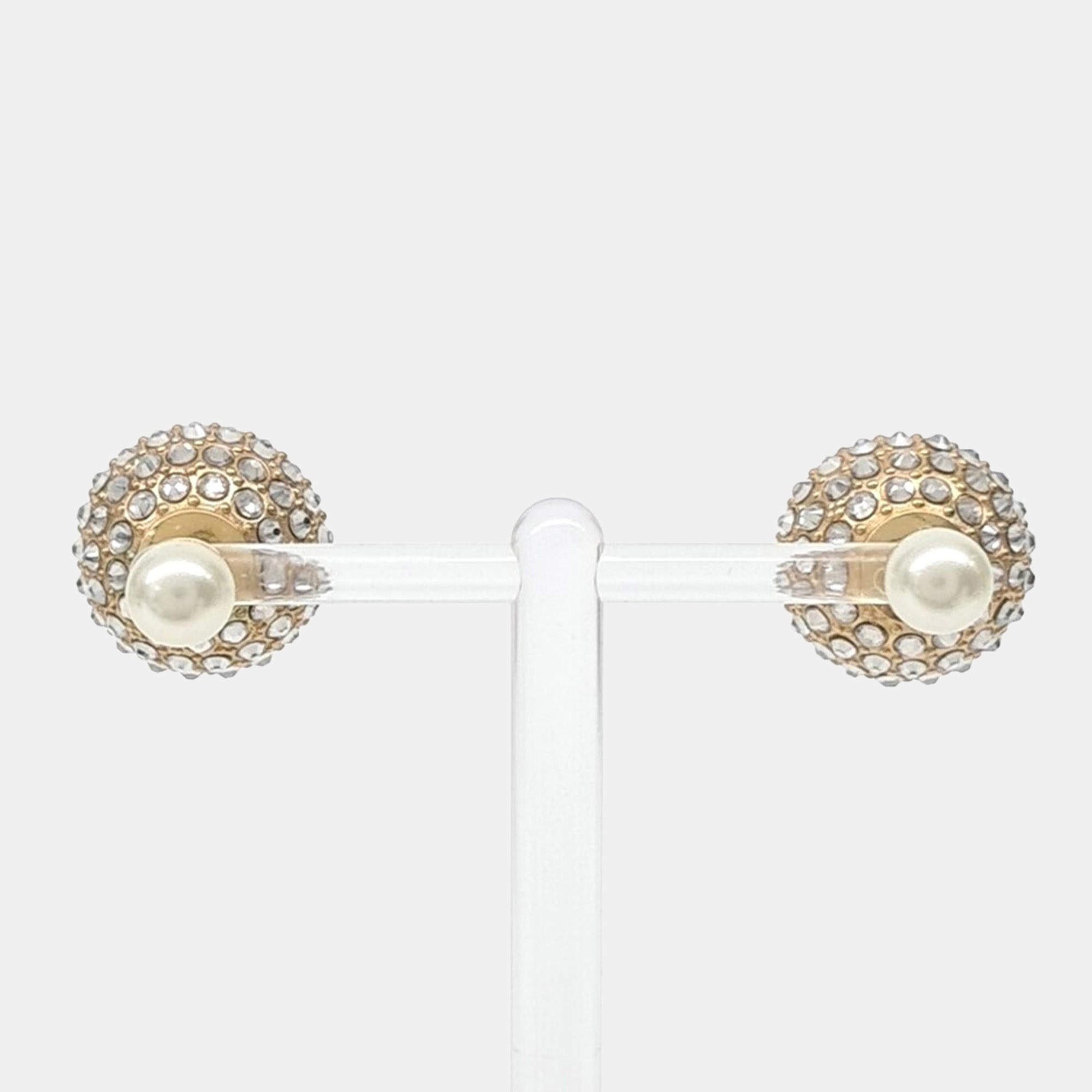 Pre Owned Christian Dior Tribal Gold Tone Crystal Pearl Earrings
