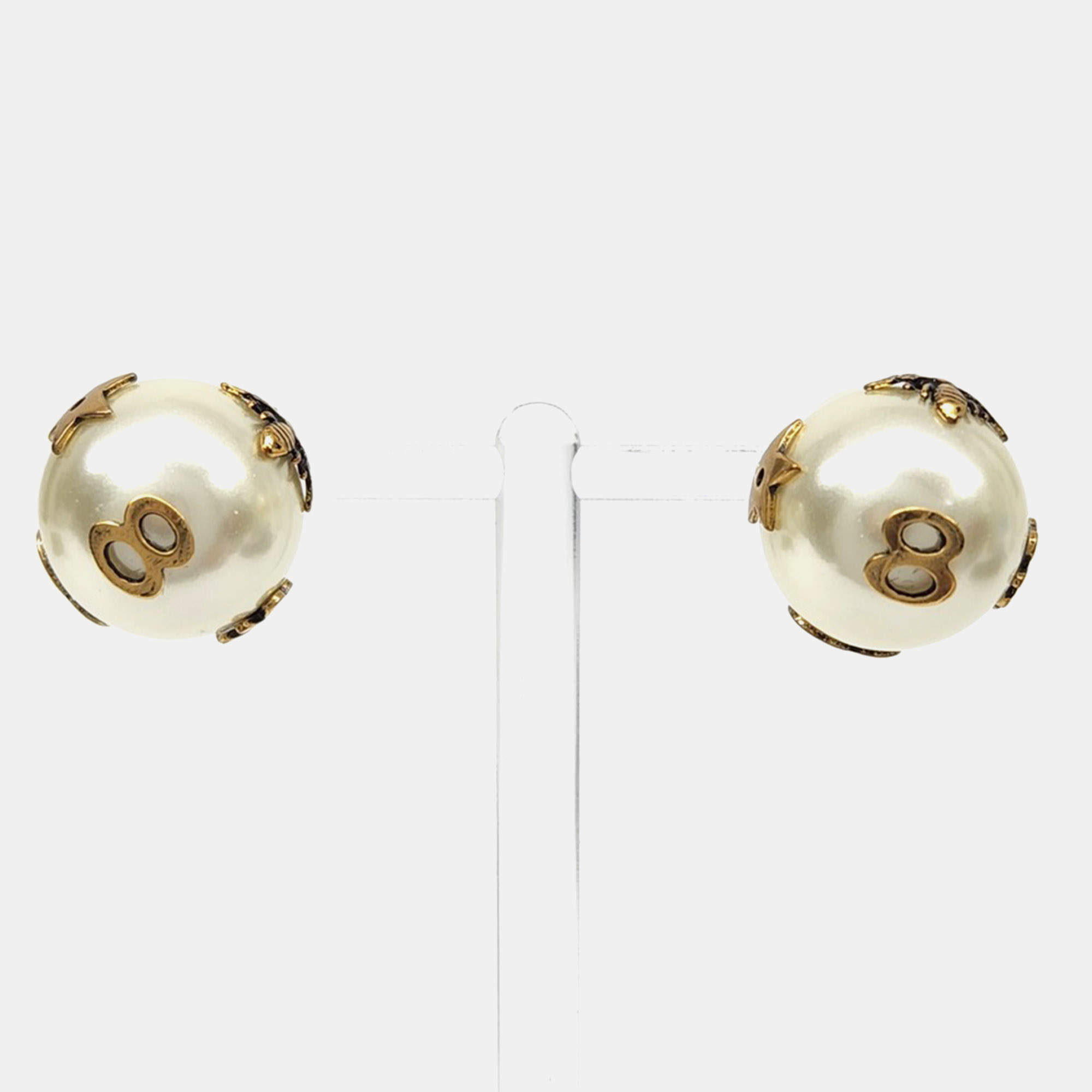 Pre Owned Christian Dior Tribal Golden Aged Metal and Resin Pearl Stud Earrings