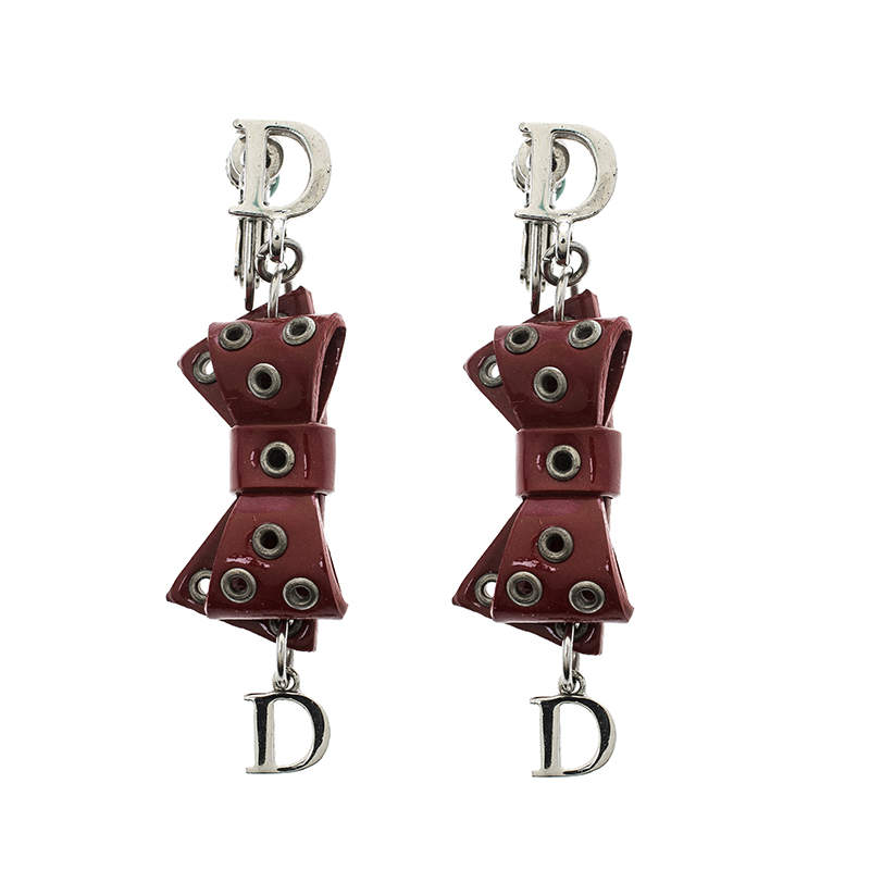 مملوكة مسبقًا Dior Red Bow Patent Leather Silver Tone Drop Earrings