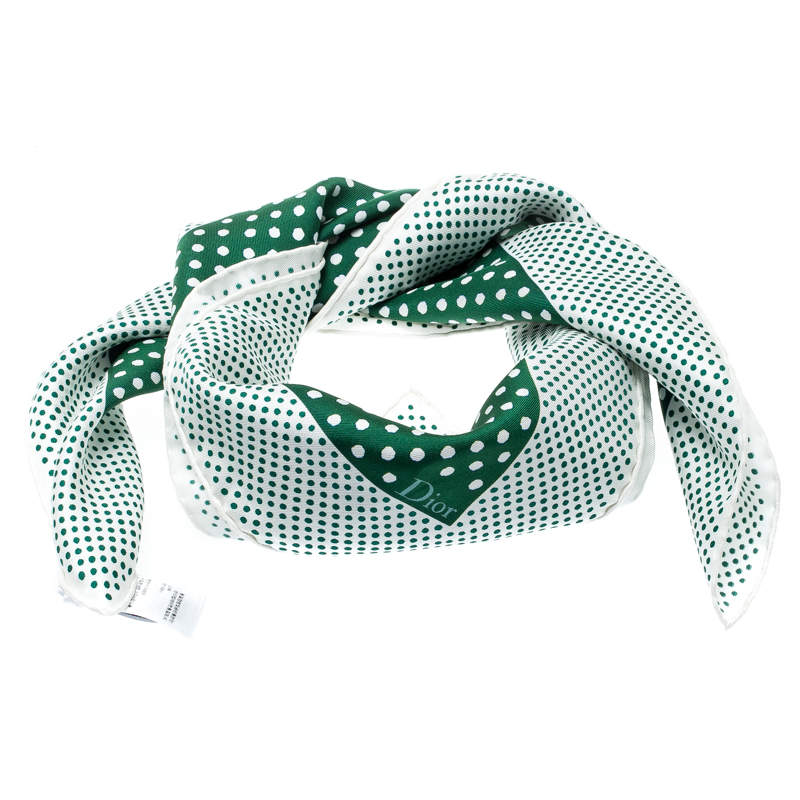 Dior Green and White Polka Dotted Silk Square Scarf