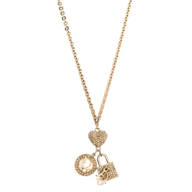 Dior Crystal Multi Charm Gold Tone Long Pendant Necklace