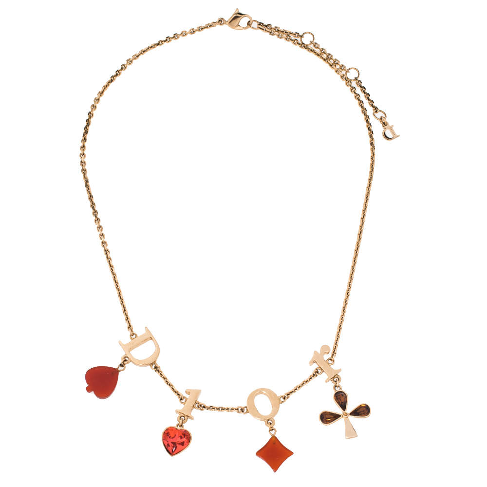 Dior Logo Charm Crystal Resin Gold Tone Necklace Adjustable