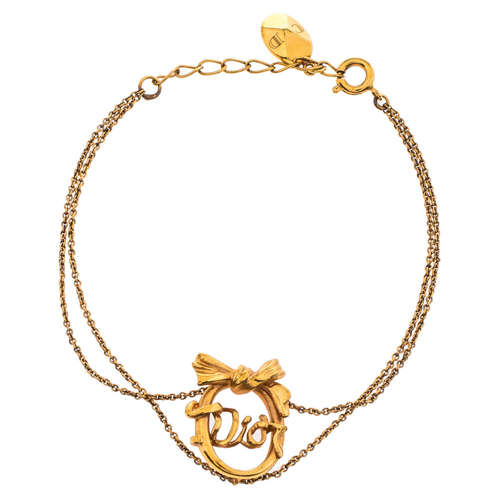 Pre Owned  Dior Vintage Bow Logo Gold Tone Double Chain Bracelet