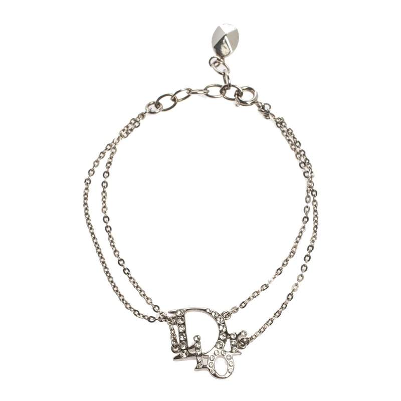 Dior Crystal Logo Silver Tone Double Chain Bracelet
