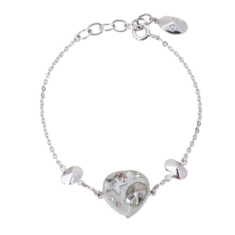 مملوكة مسبقًا Dior Heart Motif Resin Crystal Silver Tone Bracelet