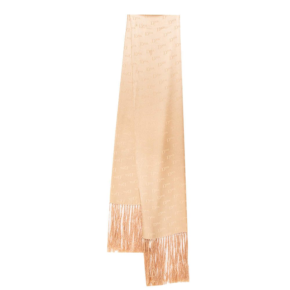 مملوكة مسبقًا Dior Beige Jacquard Logo Fringed Silk Scarf