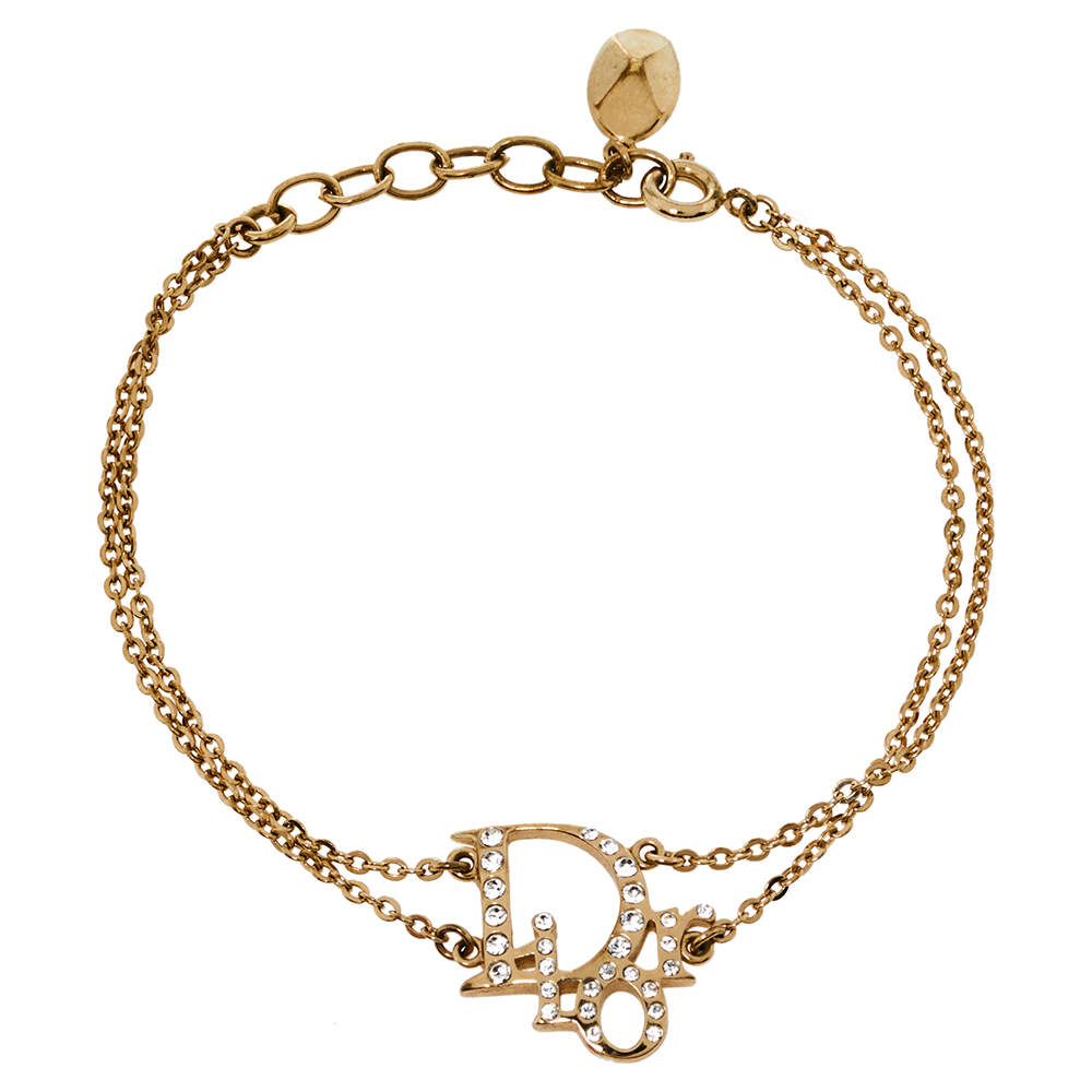 Pre Owned سوار ديور سلسلة مزدوجة شعار الماركة كريستال و معدن ذهبي اللون