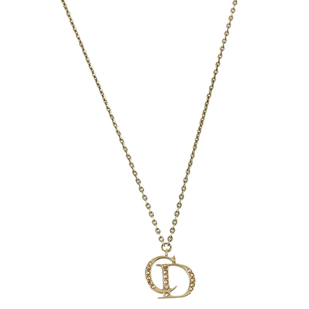 Pre Owned Dior Gold Tone Crystal CD Charm Necklace