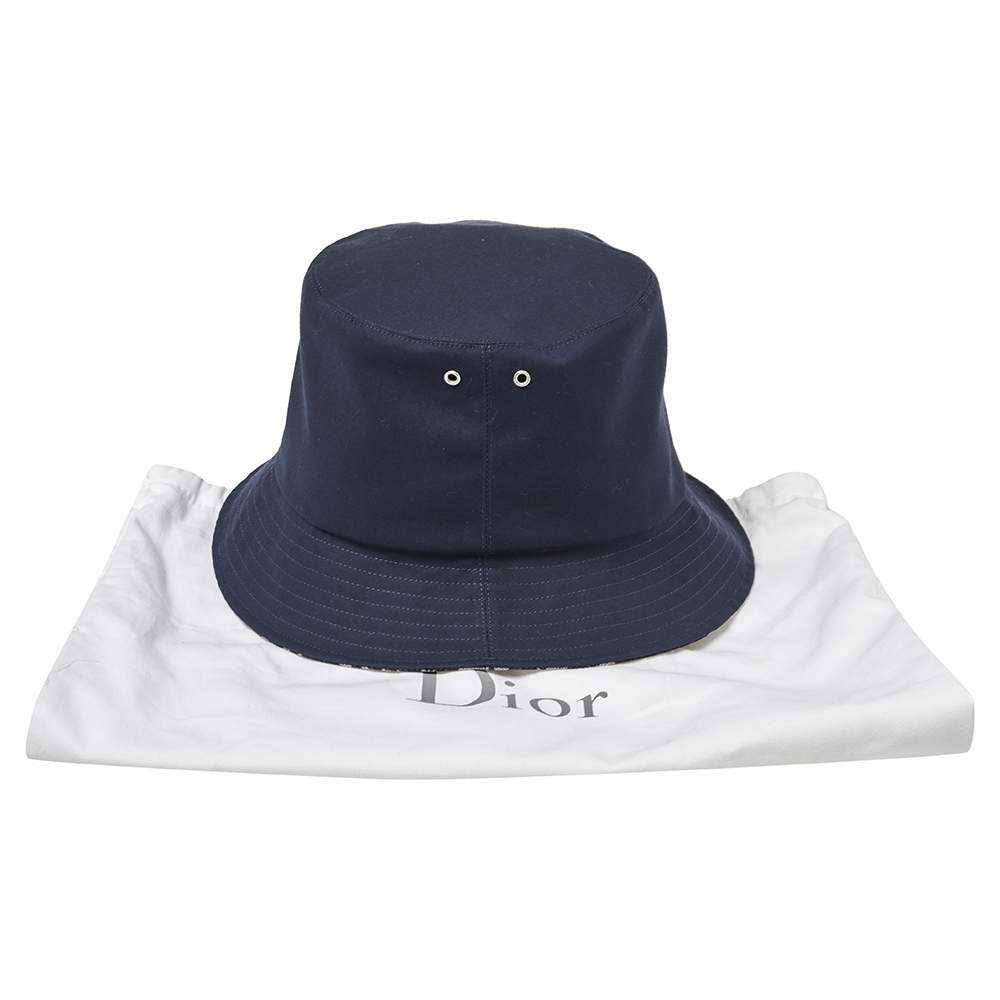 Dior Oblique Bucket Hat Navy Blue and Beige Blended Cotton