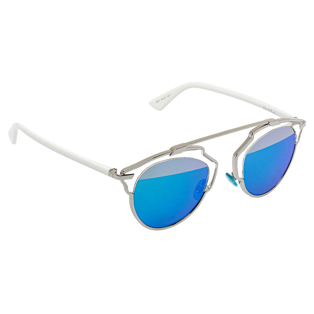 Dior Silver Tone & White/ Blue Mirrored DiorSoReal Aviator Sunglasses