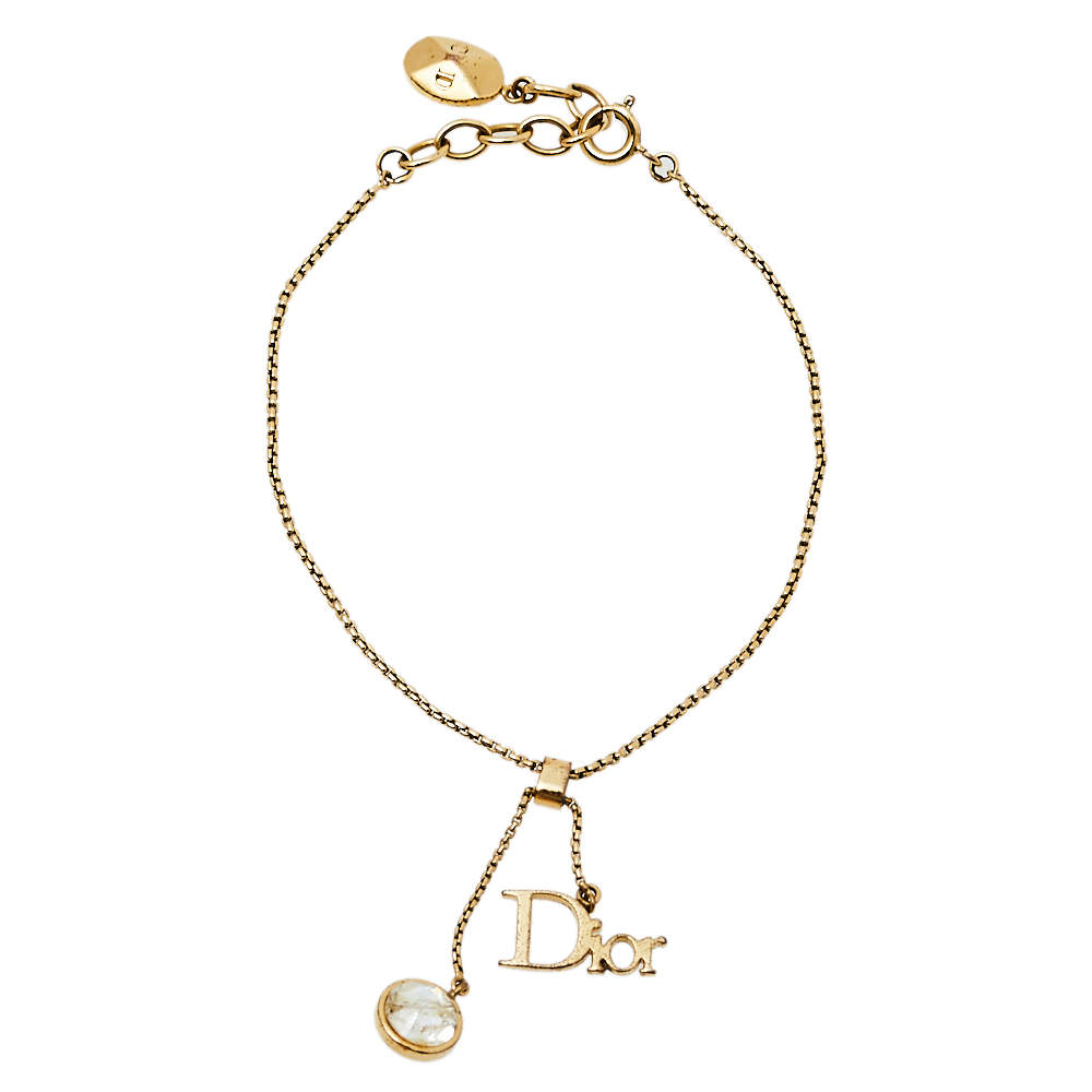 Dior Gold Tone Logo & Crystal Charm Bracelet 