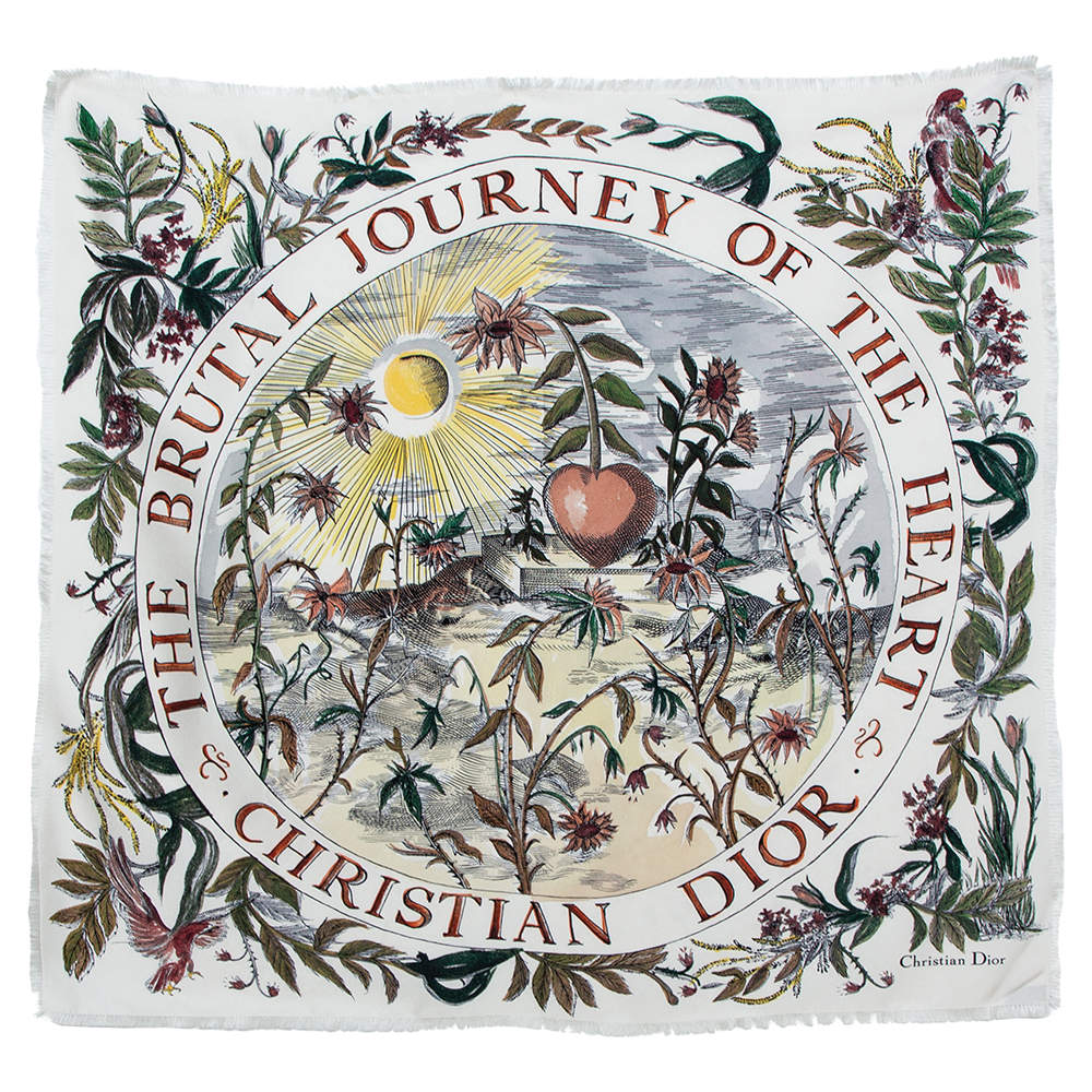 مملوكة مسبقًا Dior White The Brutal Journey Of The Heart Print Silk Square Scarf